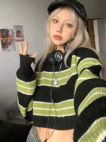 Grunge Green Striped Crop Sweater - KAYSMAR