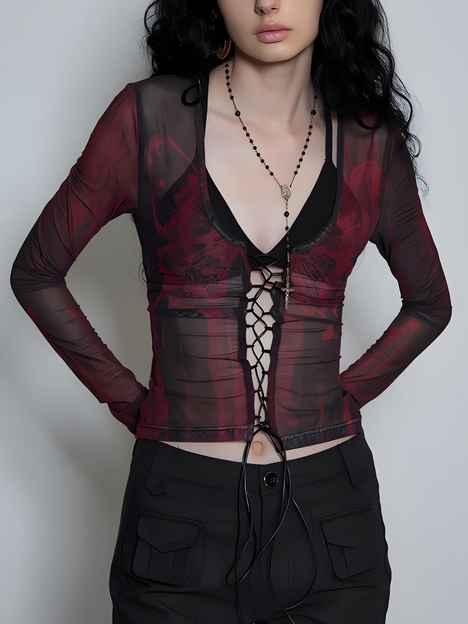 Grunge Lace Up Sheer Top - KAYSMAR