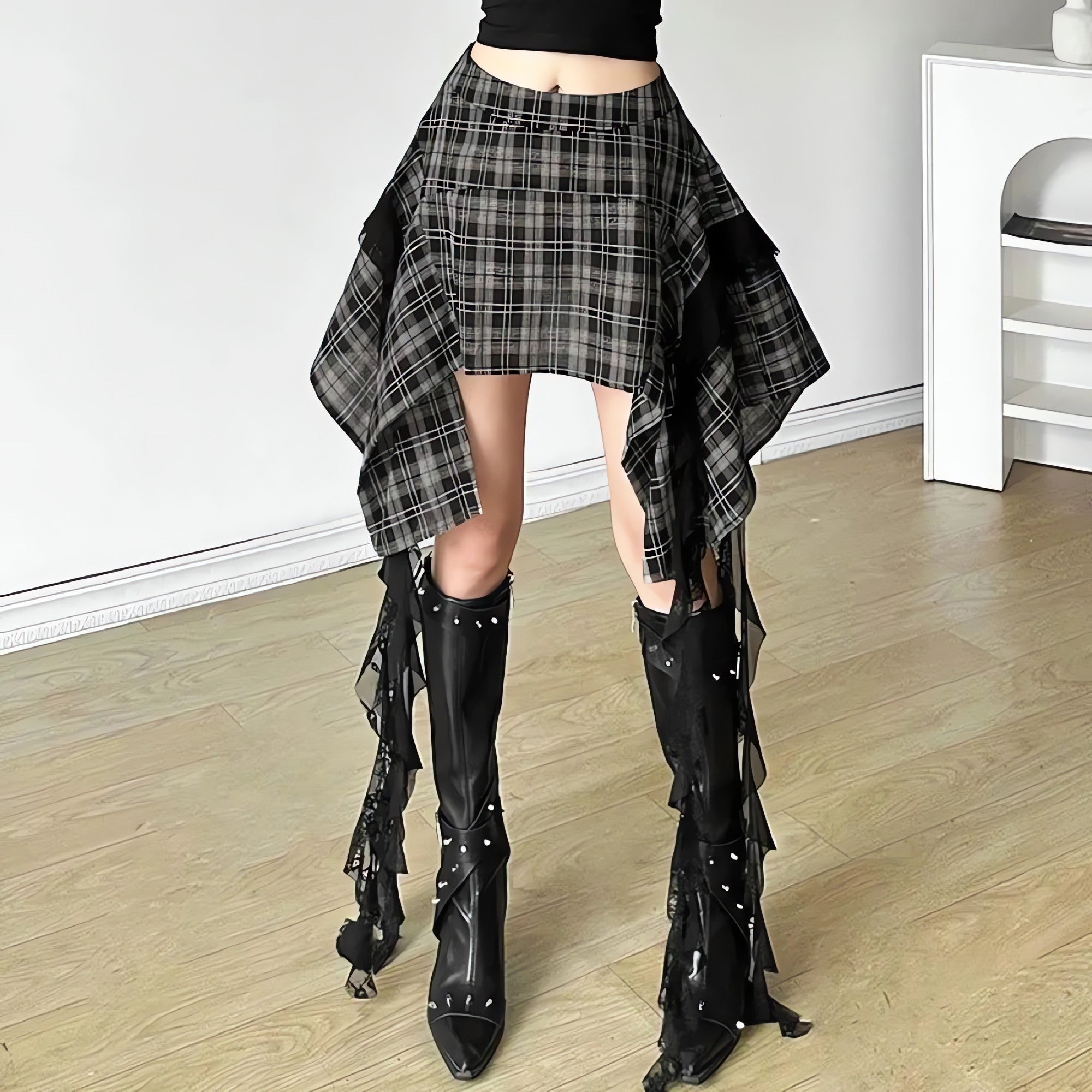 Grunge Plaid Asymmetric Mini Skirt