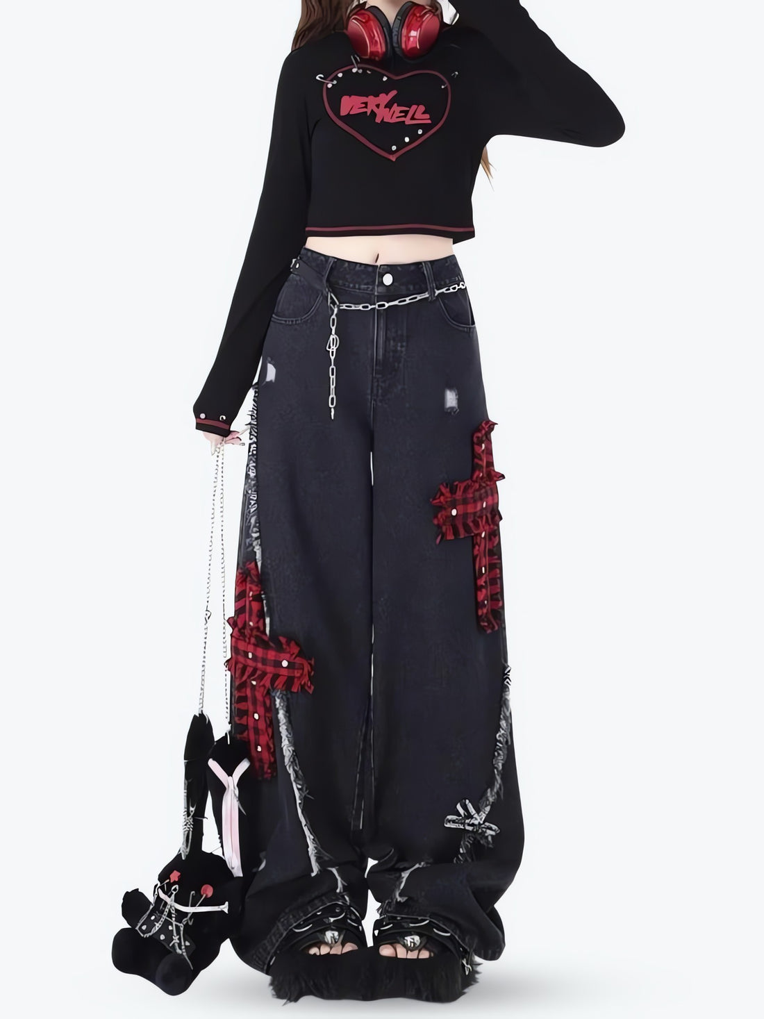 Grunge Plaid Cross Patch Jeans - KAYSMAR