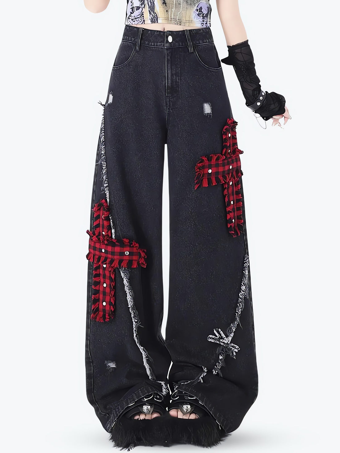 Grunge Plaid Cross Patch Jeans - KAYSMAR