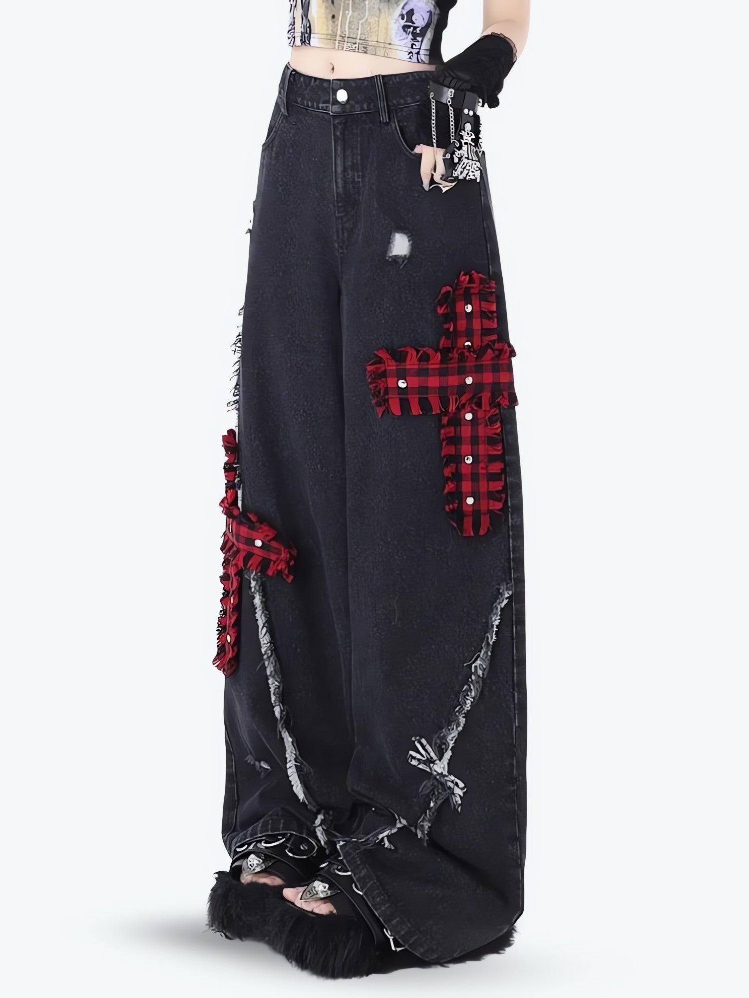 Grunge Plaid Cross Patch Jeans - KAYSMAR