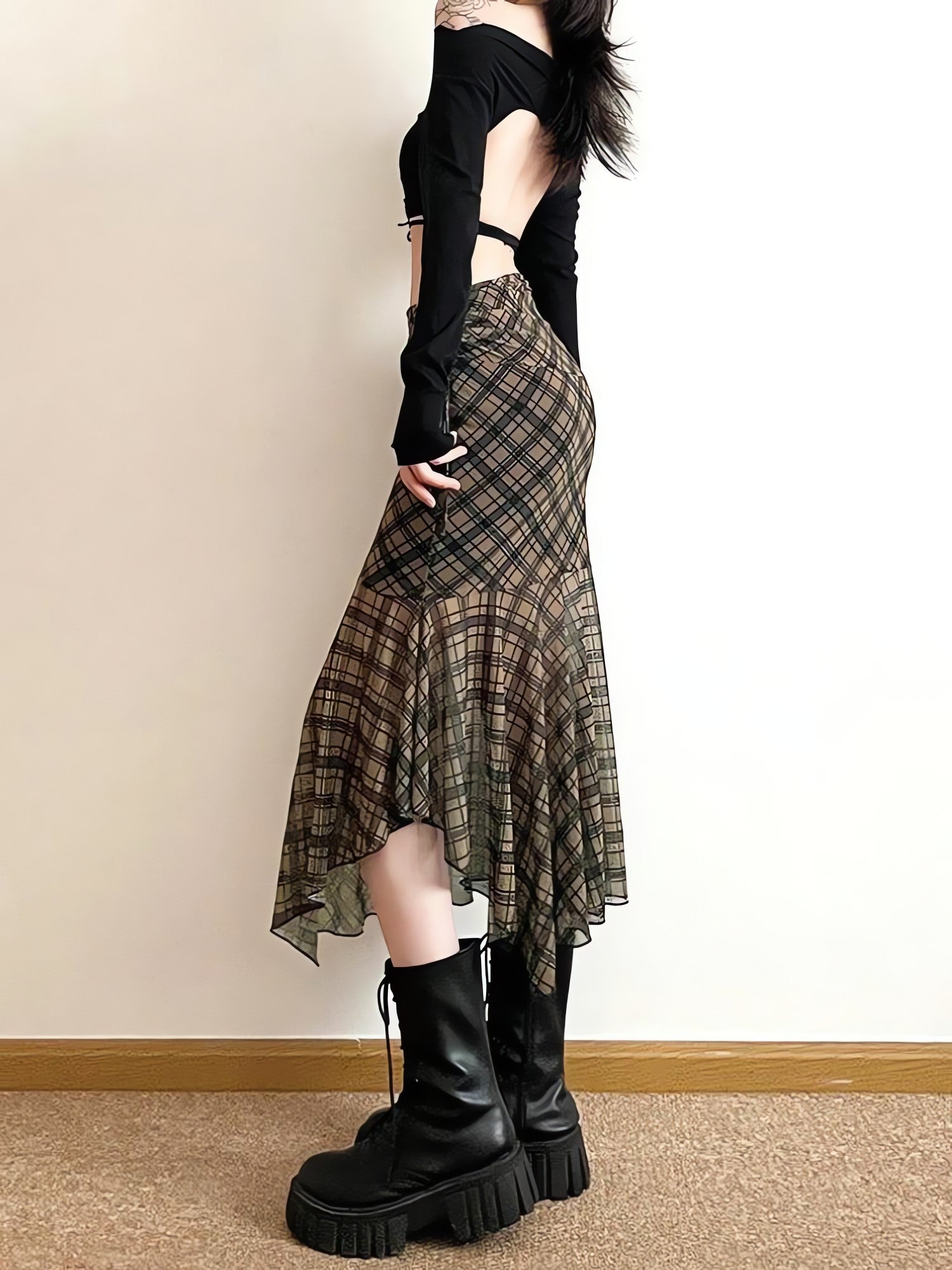 Grunge Plaid Mesh Midi Skirt
