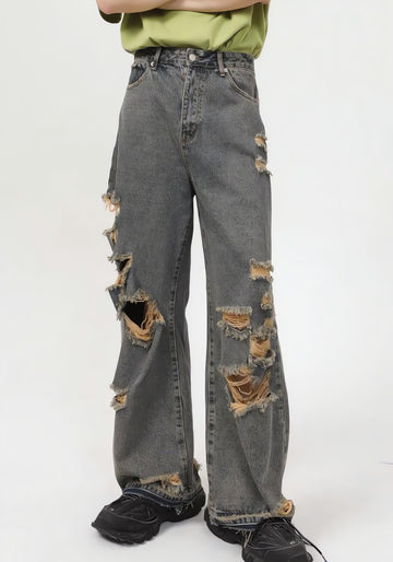 Grunge Ripped Straight Leg Jeans - KAYSMAR