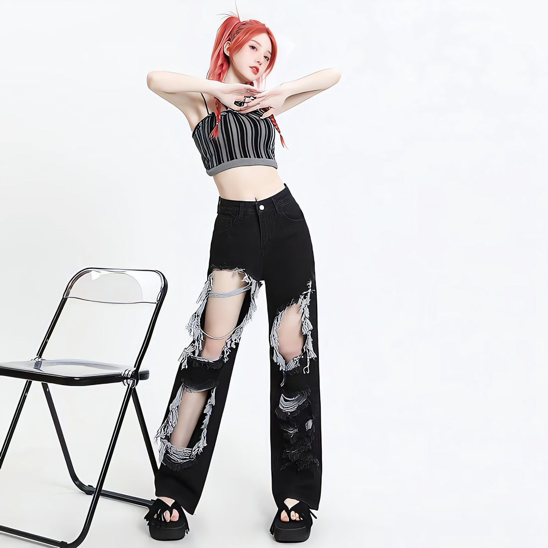 Grunge Ripped Wide Leg Jeans - KAYSMAR