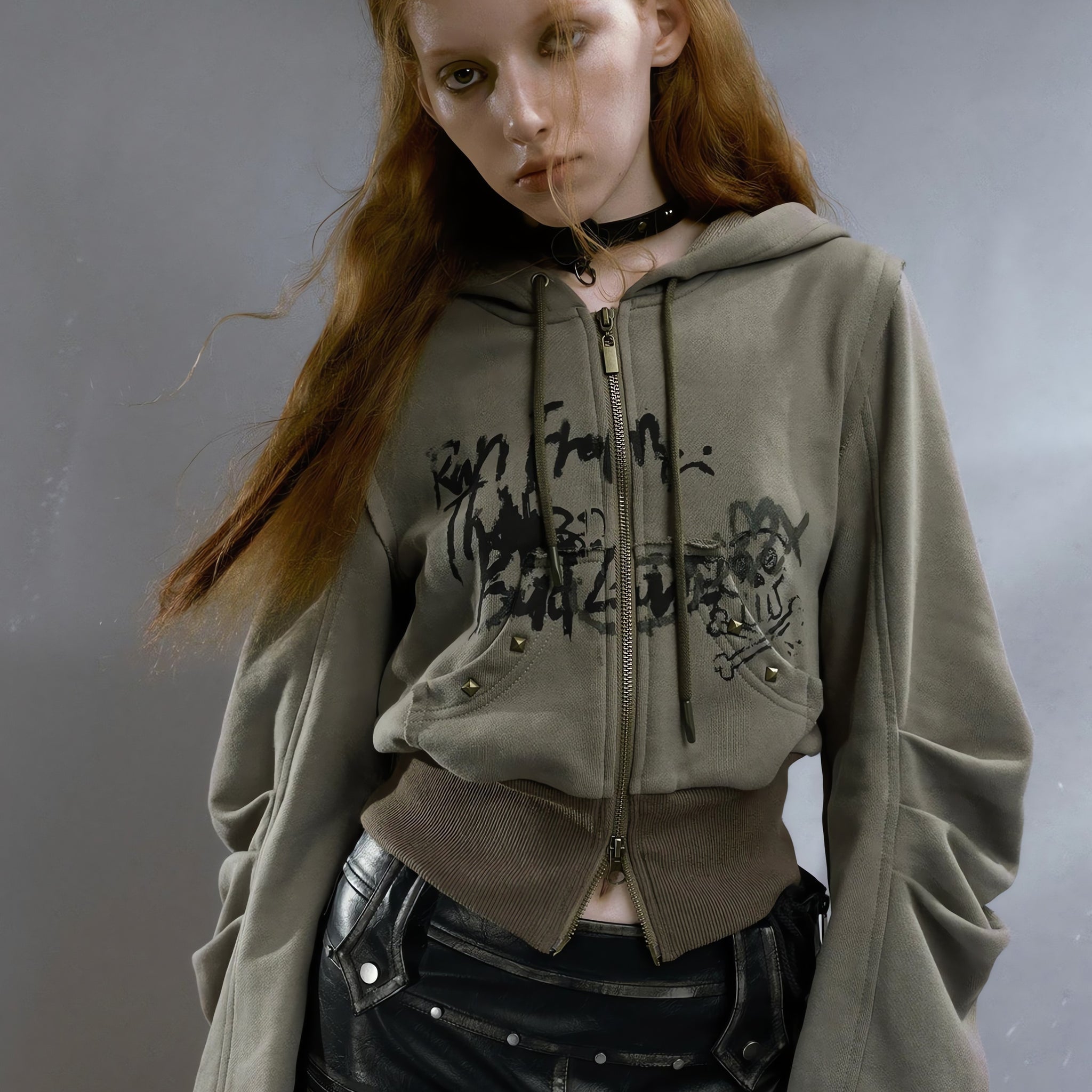 Grunge Ruched Sleeve Hoodie - KAYSMAR