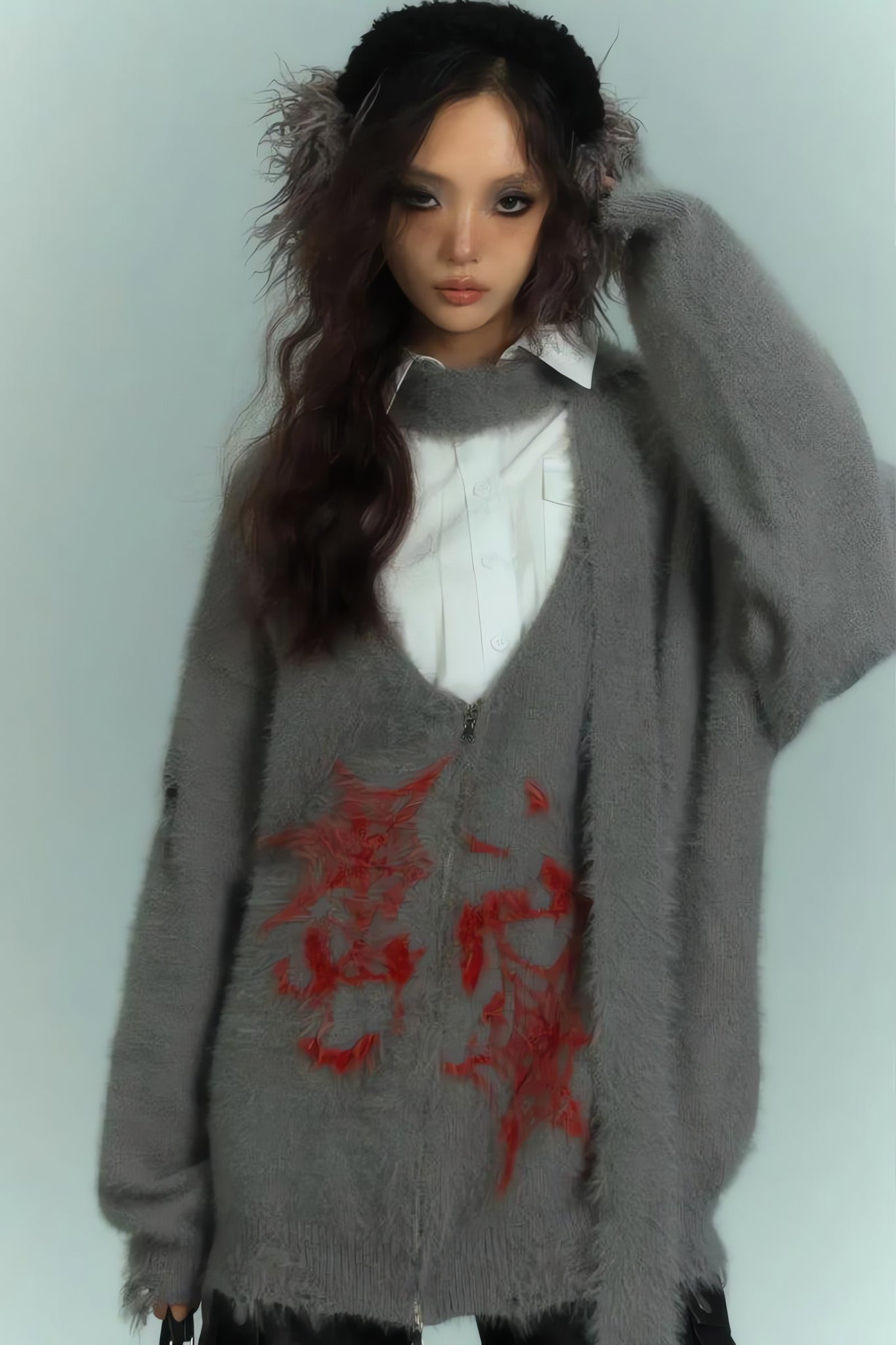 Grunge Scarf Tie Fluffy Cardigan - KAYSMAR