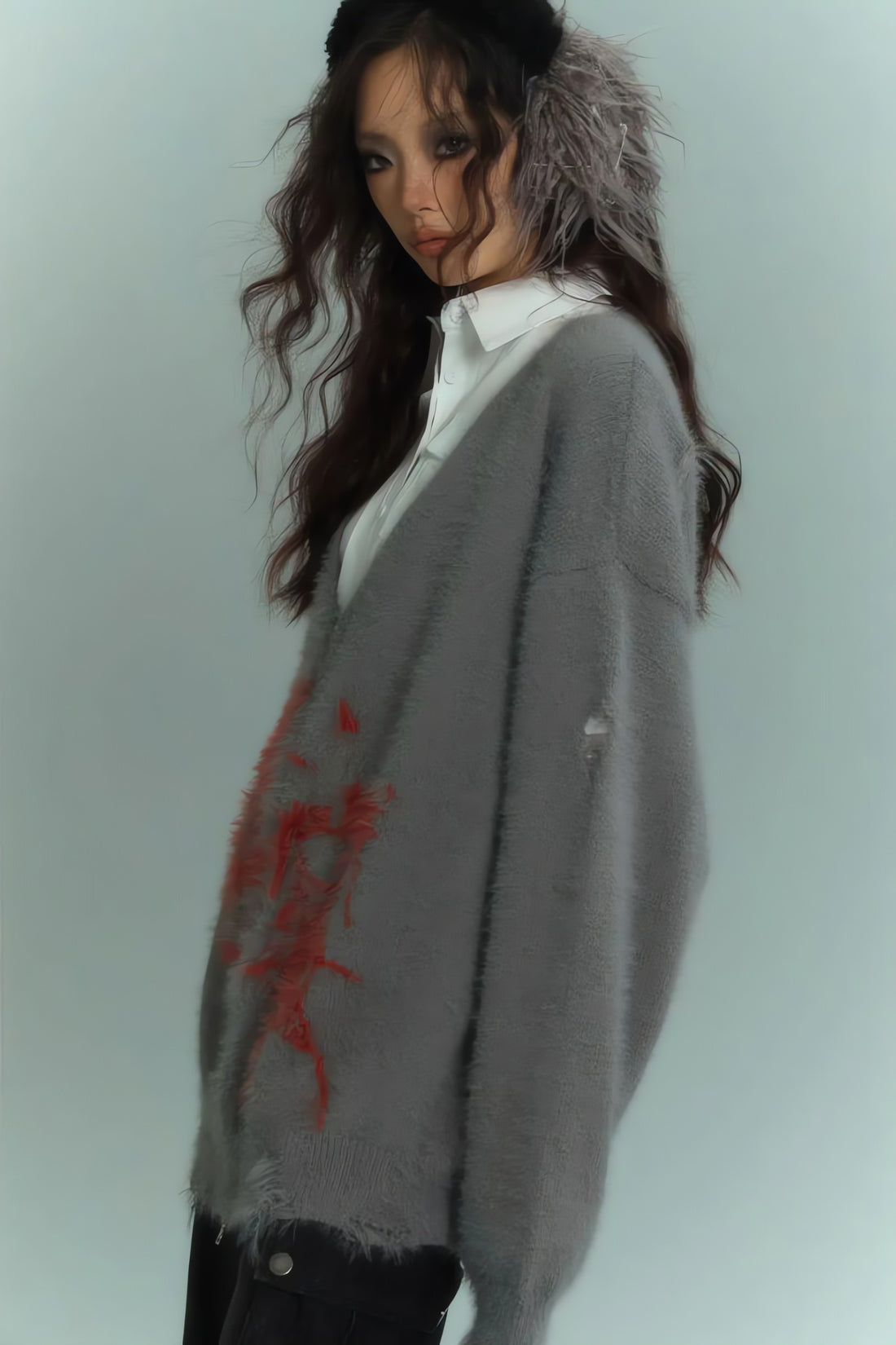 Grunge Scarf Tie Fluffy Cardigan - KAYSMAR