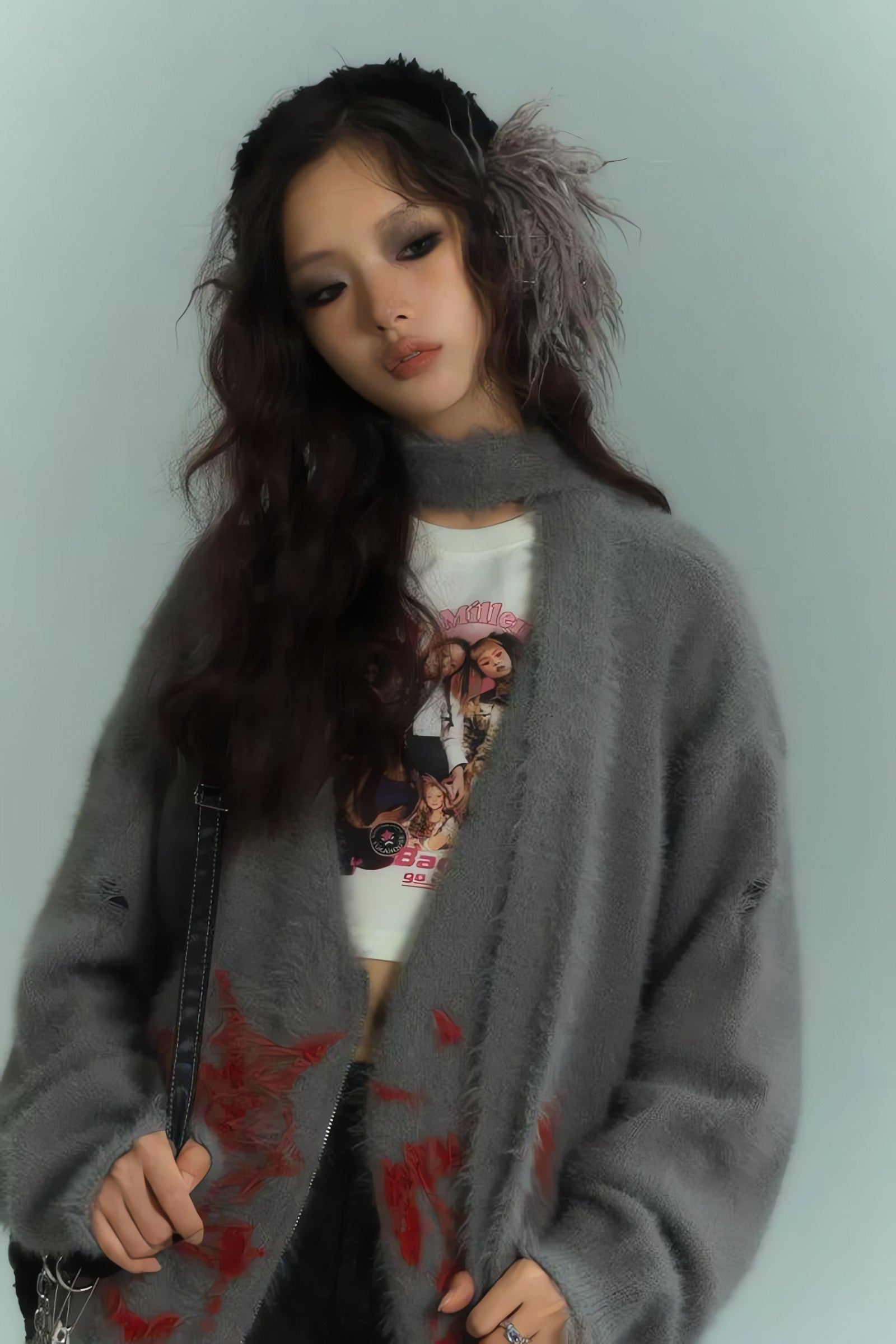 Grunge Scarf Tie Fluffy Cardigan - KAYSMAR