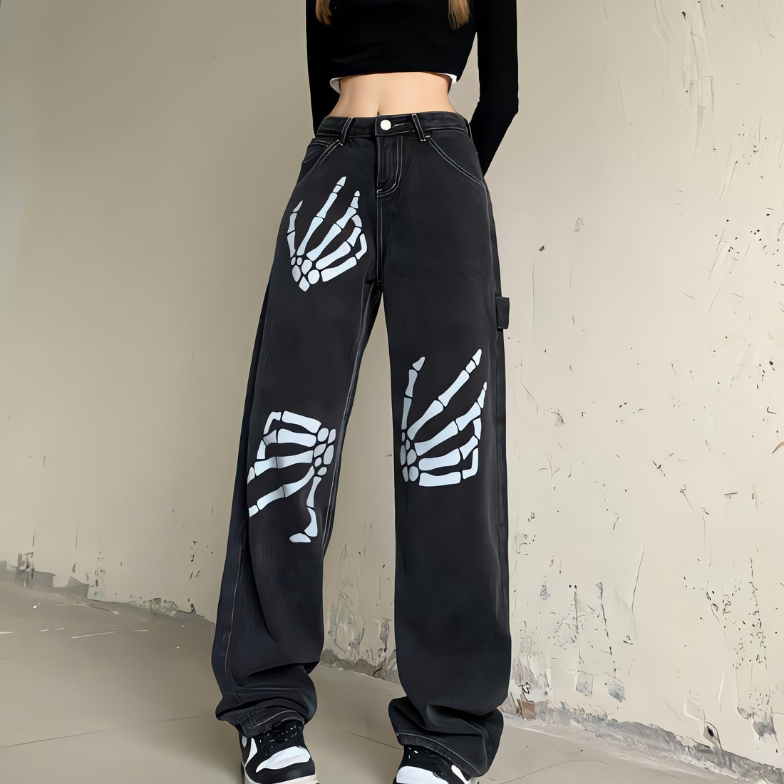 Grunge Skeleton Hand Printed Jeans - KAYSMAR