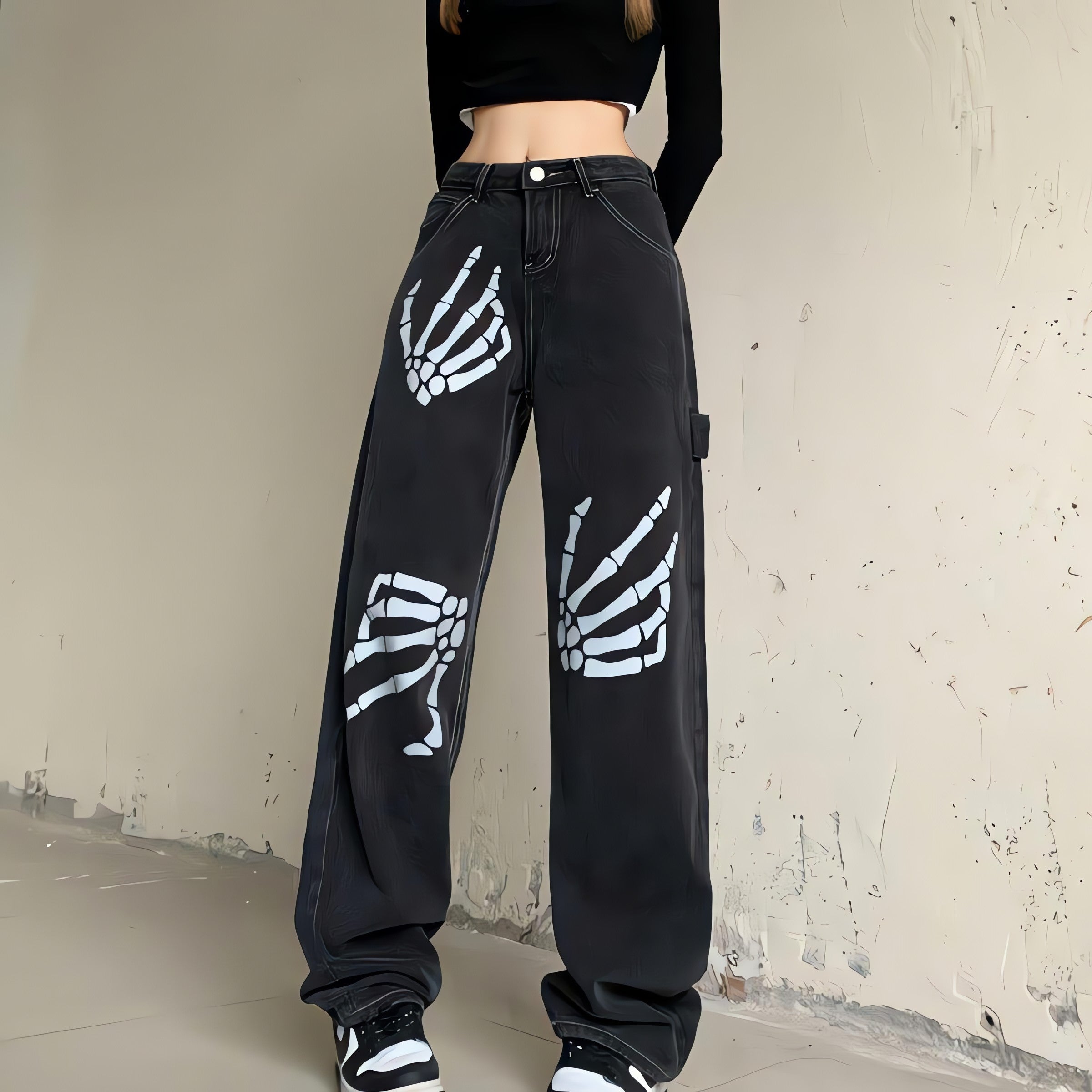 Grunge Skeleton Hand Printed Jeans - KAYSMAR