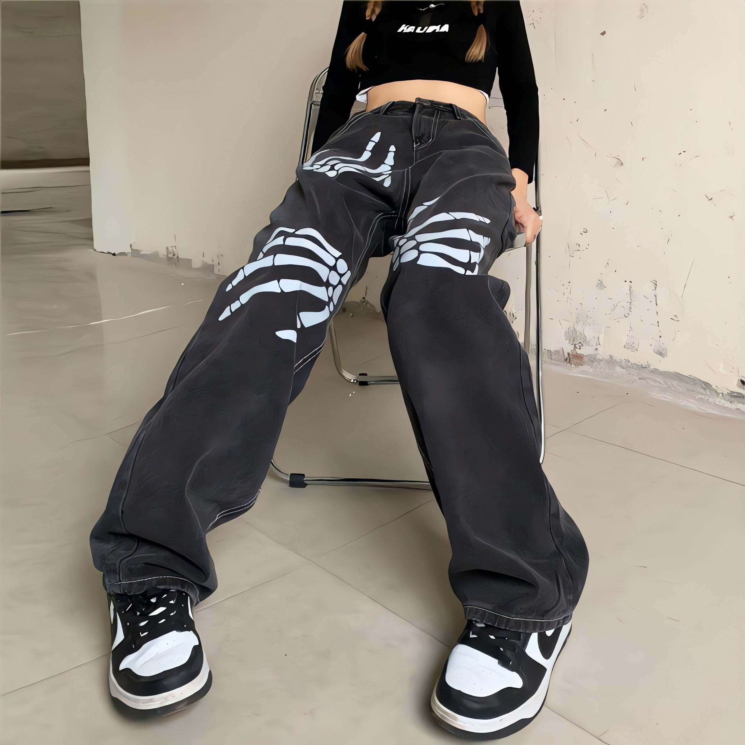 Grunge Skeleton Hand Printed Jeans - KAYSMAR