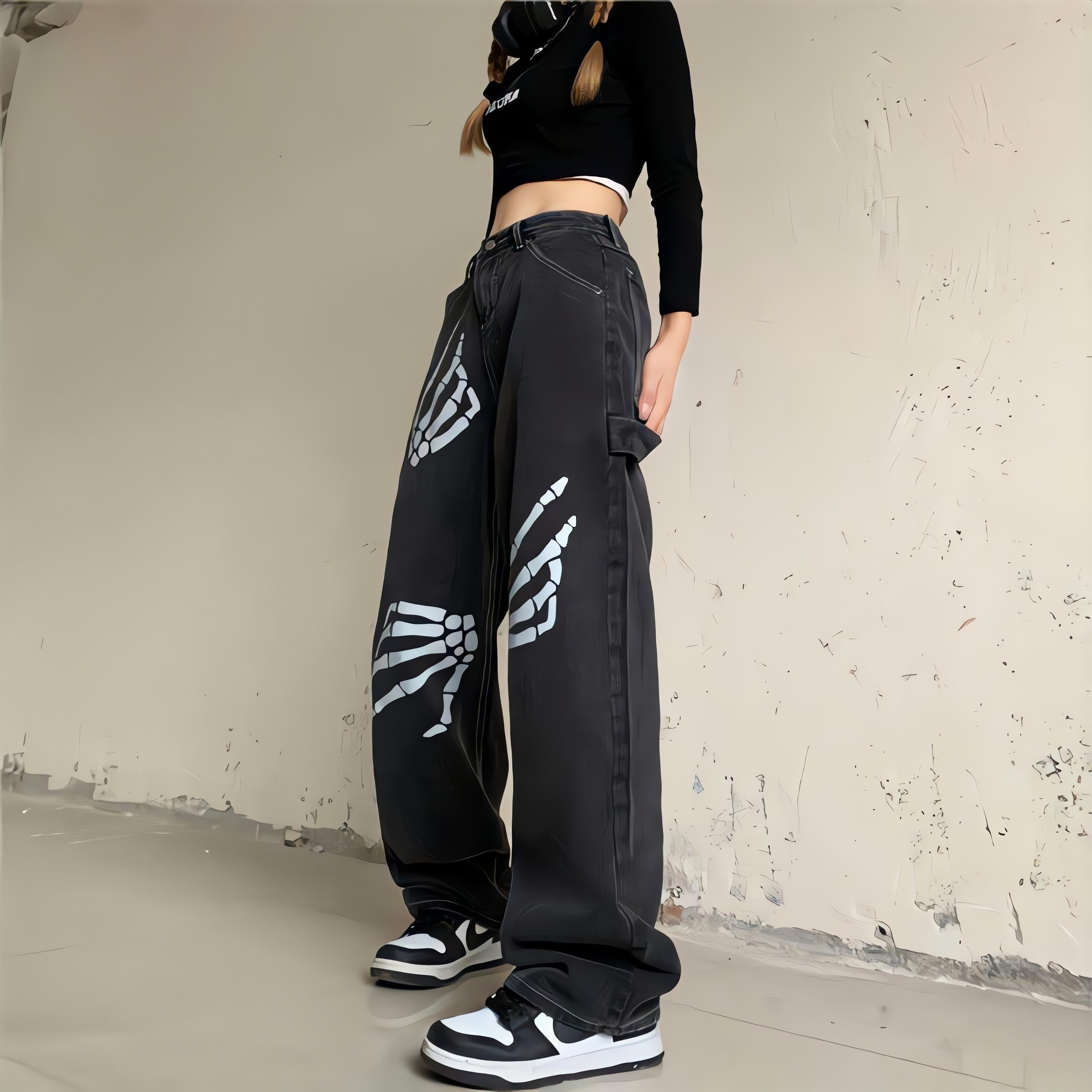 Grunge Skeleton Hand Printed Jeans - KAYSMAR