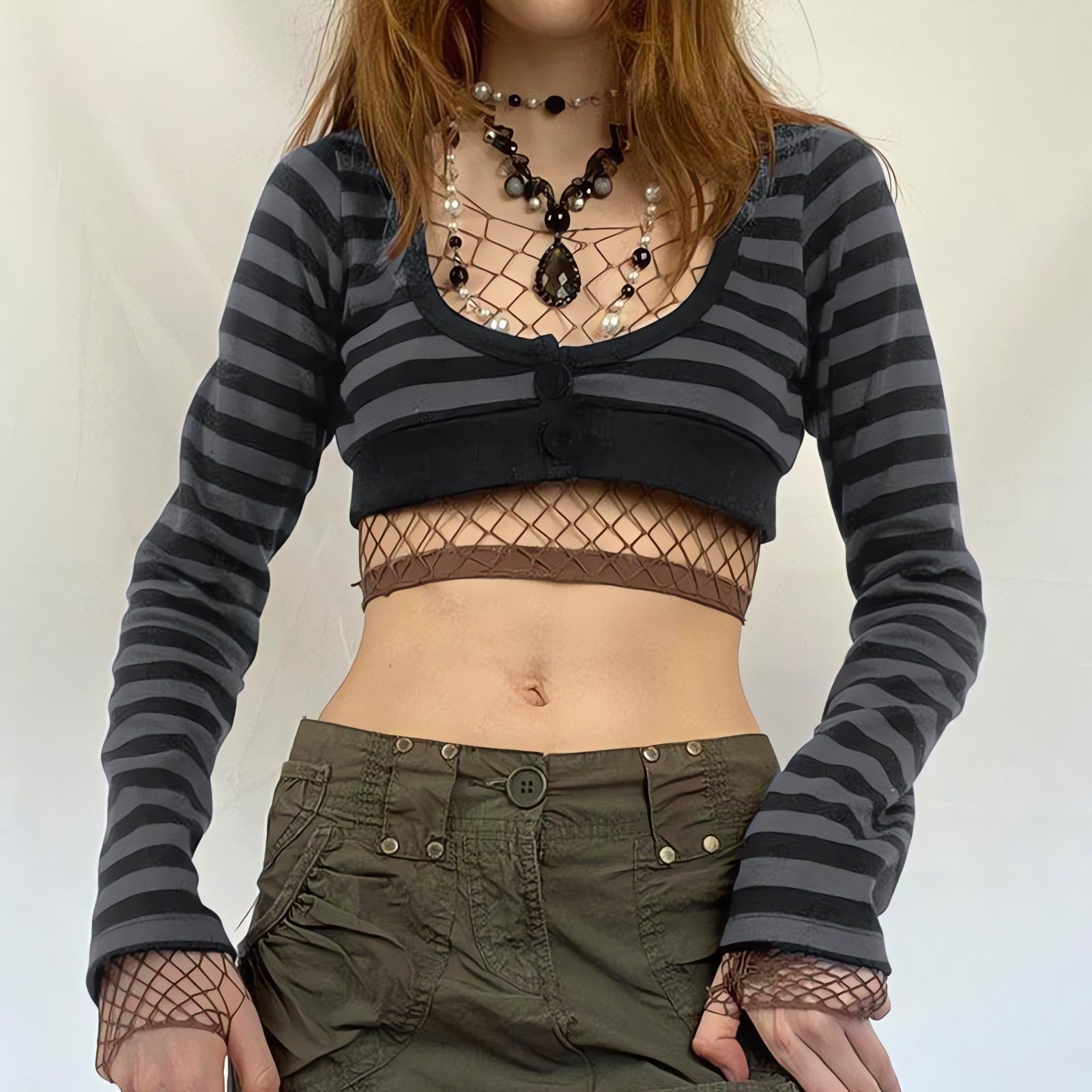 Grunge Striped Button-Up Crop Top - KAYSMAR