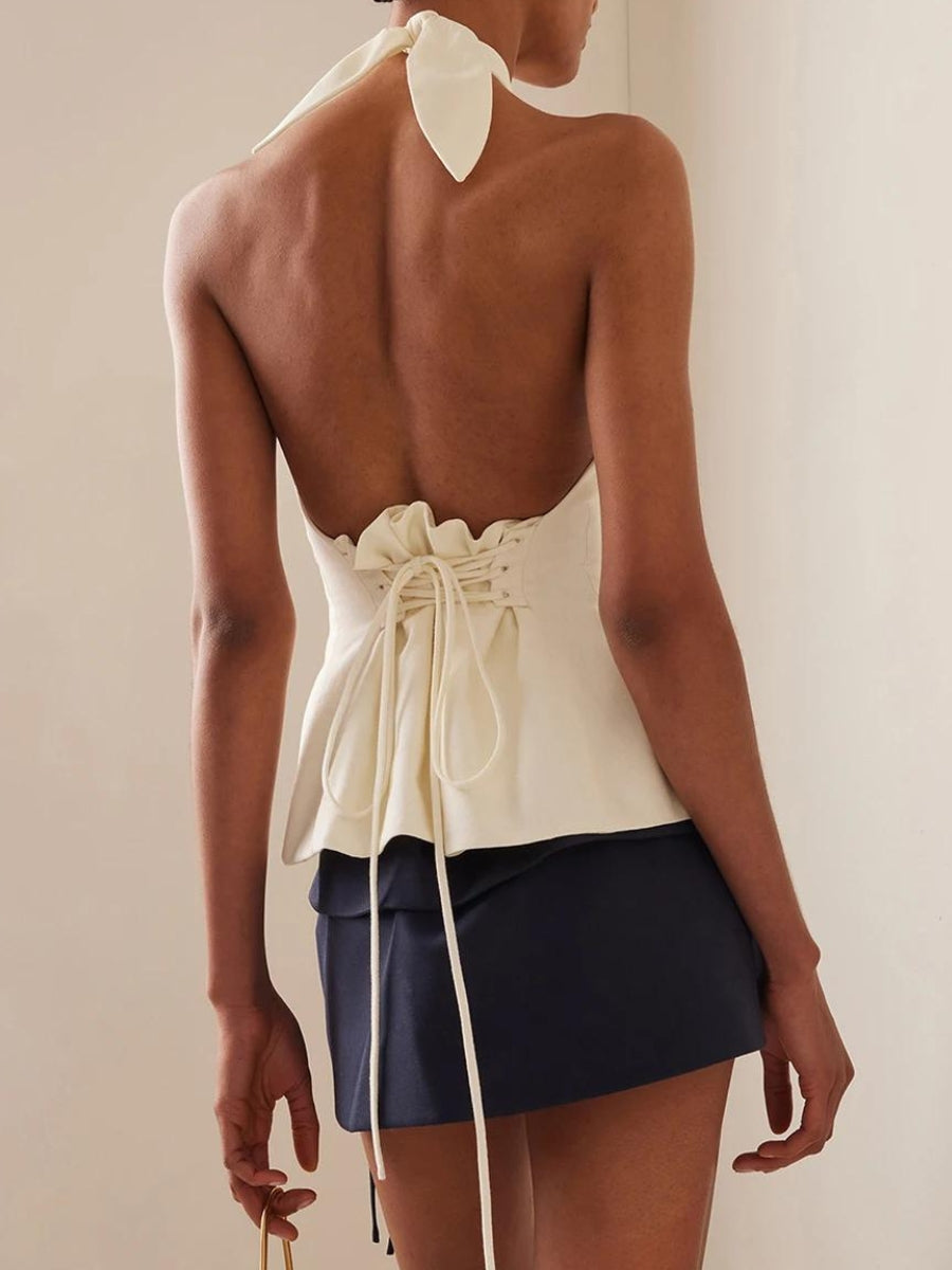 Halter Neck Lace Up Ruched Top - KAYSMAR