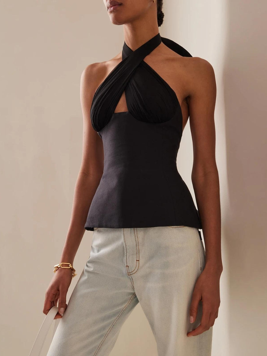 Halter Neck Lace Up Ruched Top - KAYSMAR