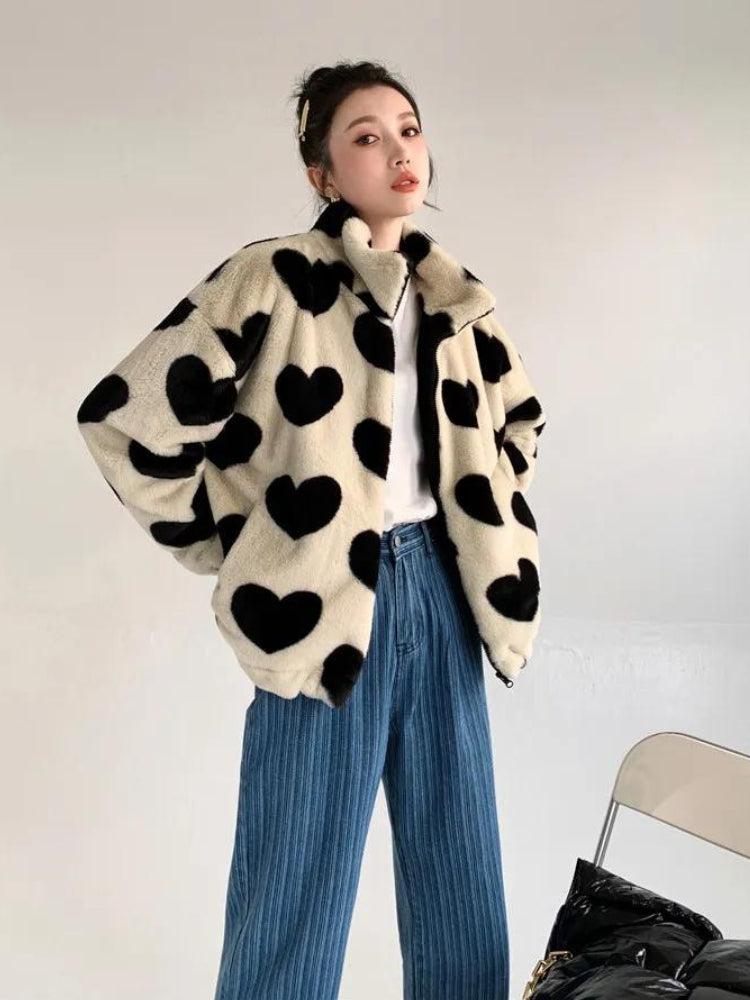 Heart Pattern Teddy Jacket - KAYSMAR