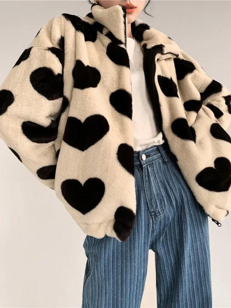 Heart Pattern Teddy Jacket - KAYSMAR