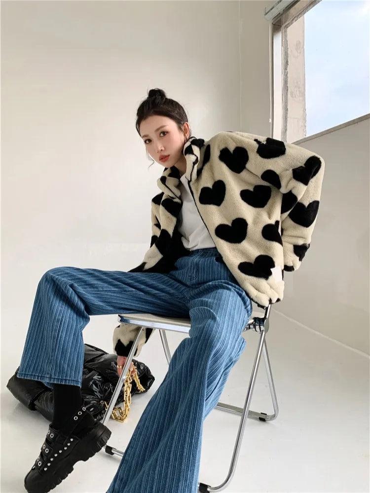 Heart Pattern Teddy Jacket - KAYSMAR