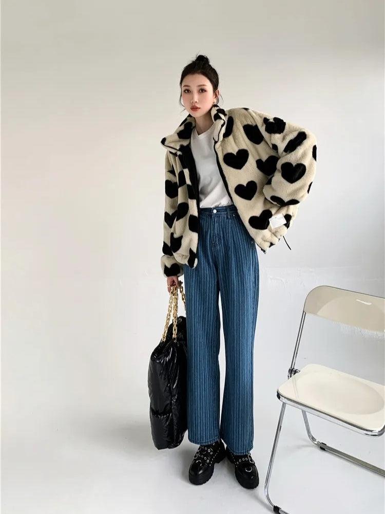 Heart Pattern Teddy Jacket - KAYSMAR