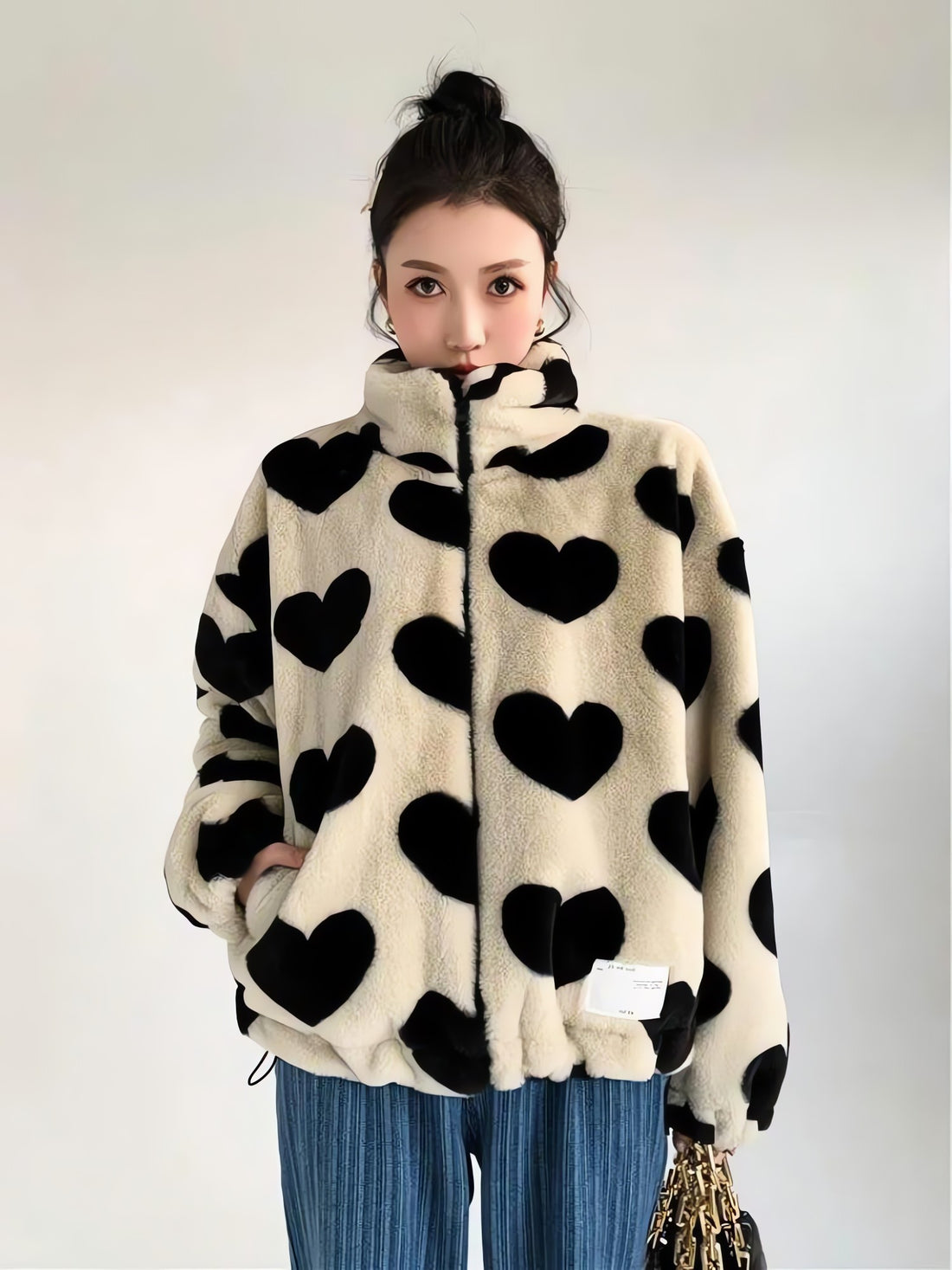 Heart Pattern Teddy Jacket - KAYSMAR