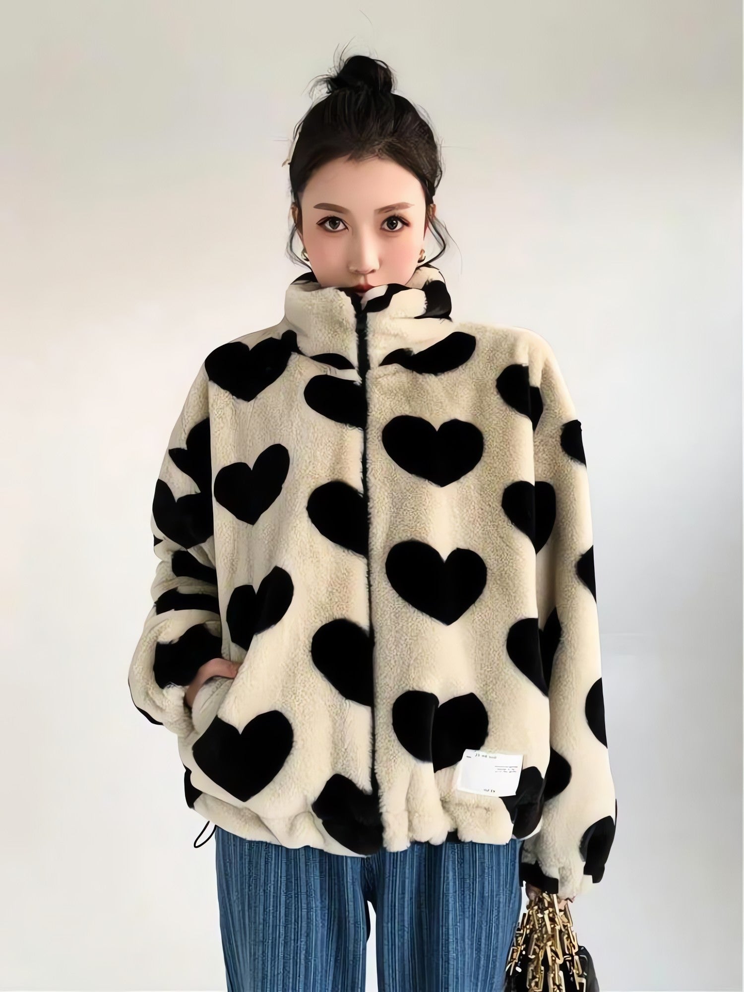 Heart Pattern Teddy Jacket - KAYSMAR