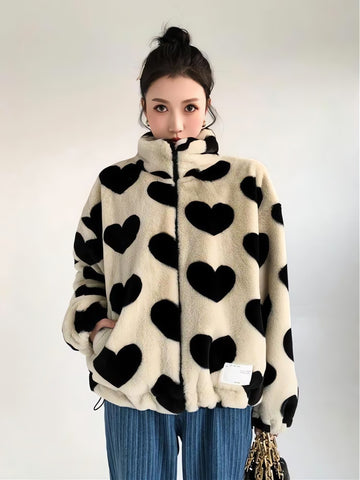 Heart Pattern Teddy Jacket - KAYSMAR
