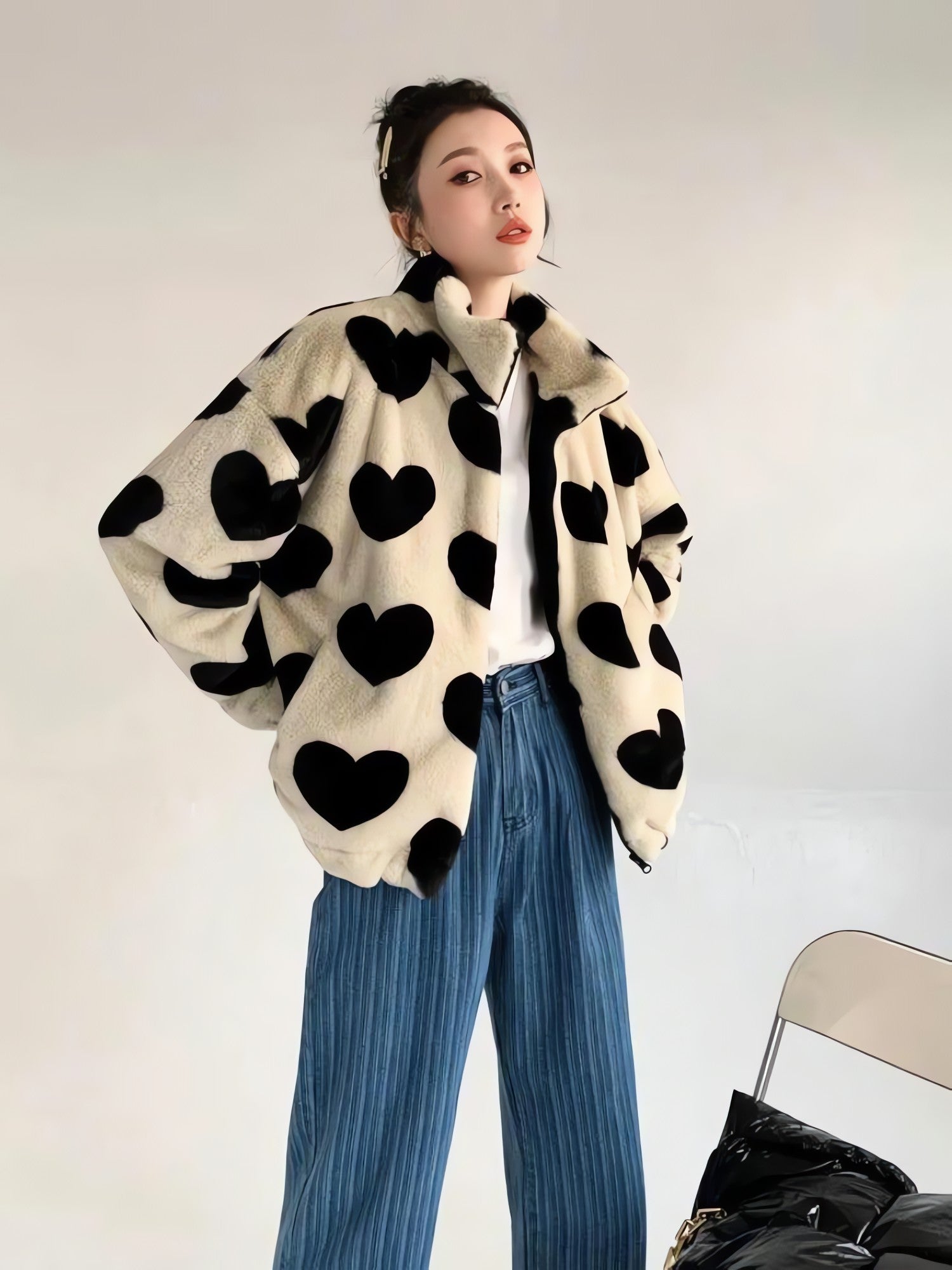 Heart Pattern Teddy Jacket - KAYSMAR