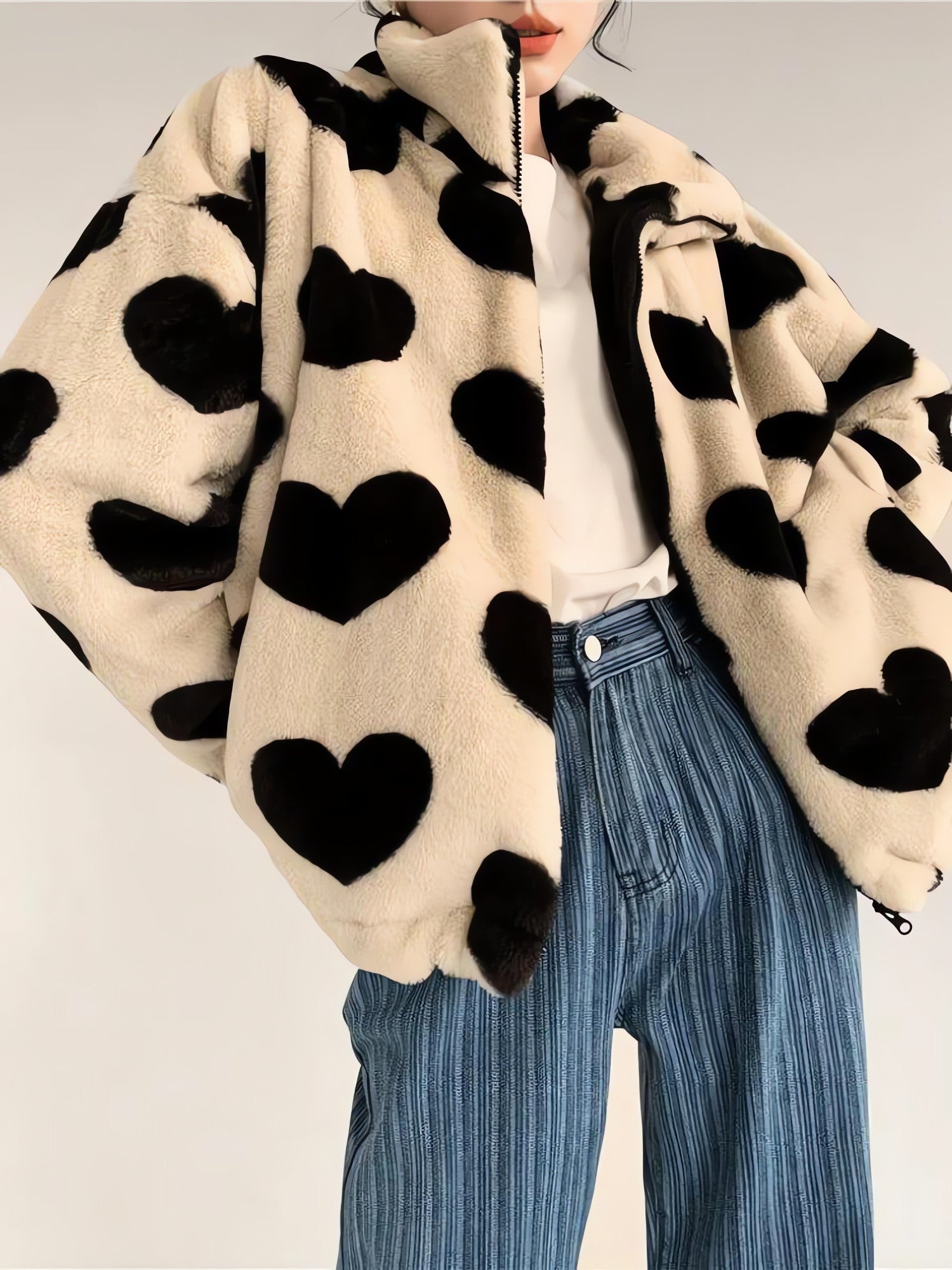 Heart Pattern Teddy Jacket - KAYSMAR