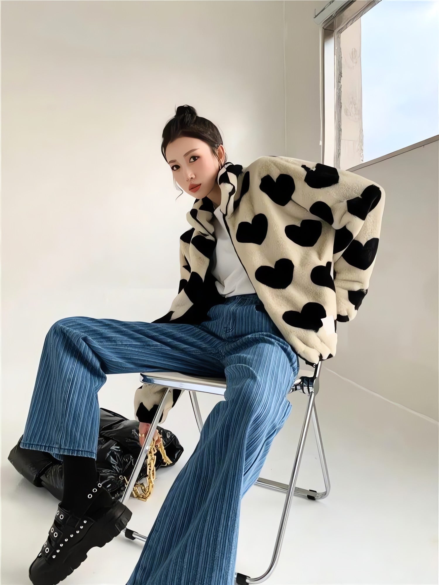 Heart Pattern Teddy Jacket - KAYSMAR
