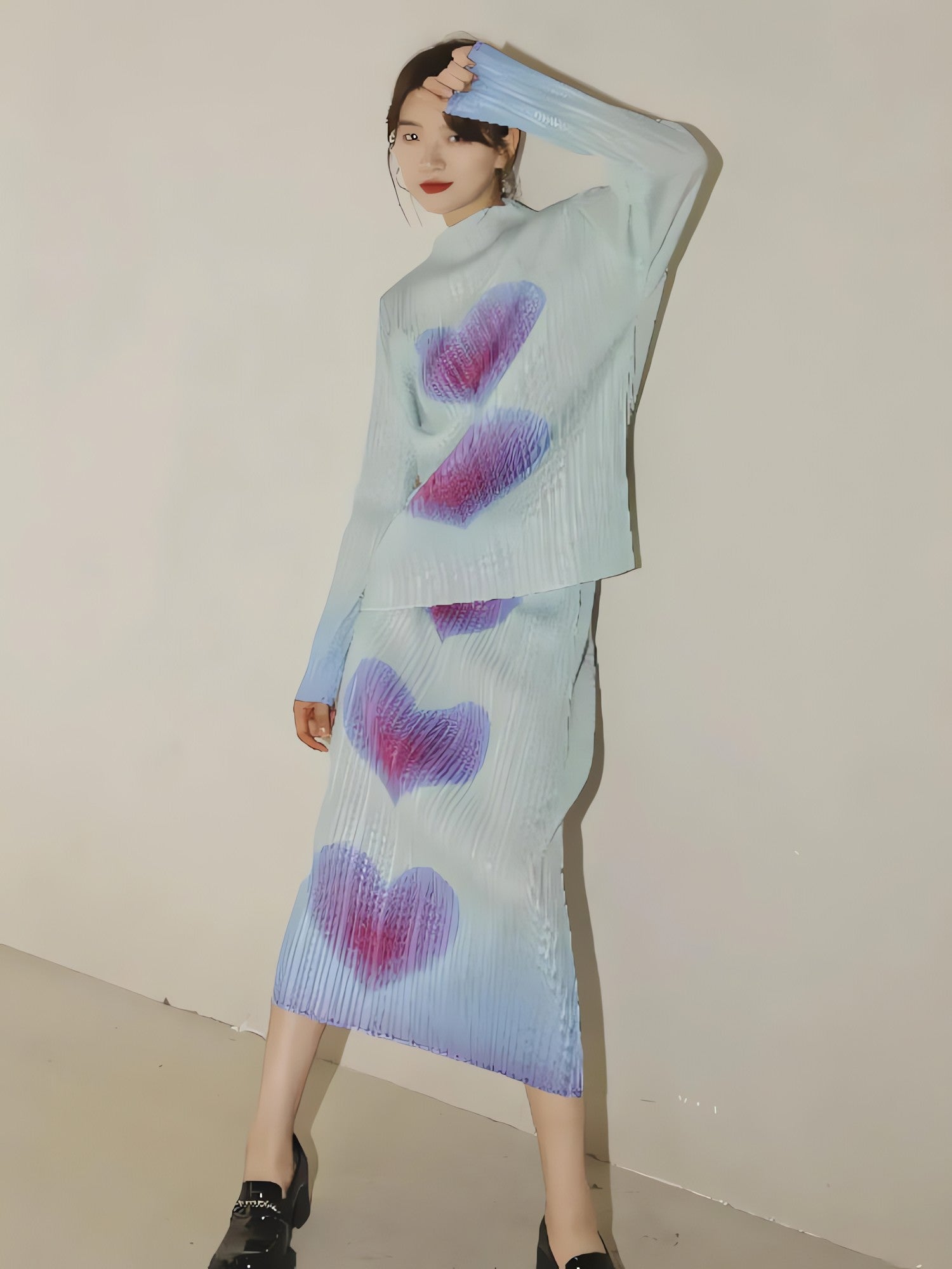 Heart Pleated Top & Midi Skirt Two Piece Set - KAYSMAR