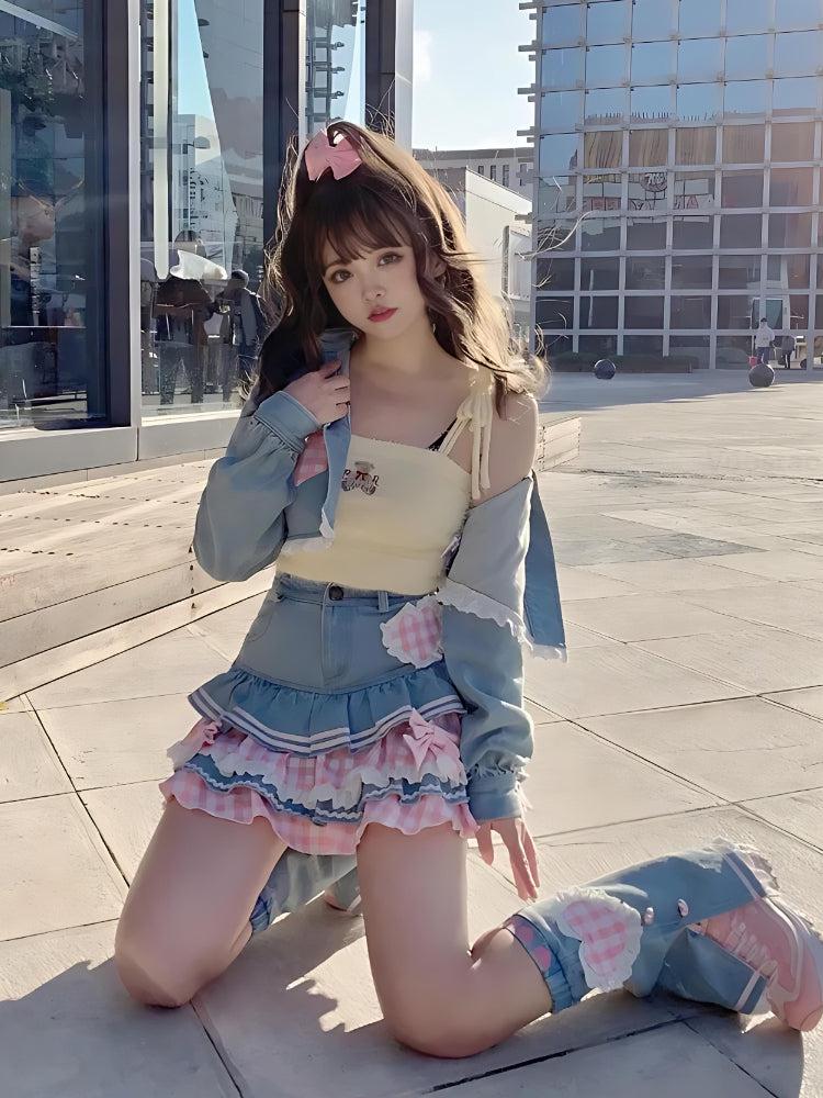 Kawaii Layered Denim Mini Skirt - KAYSMAR