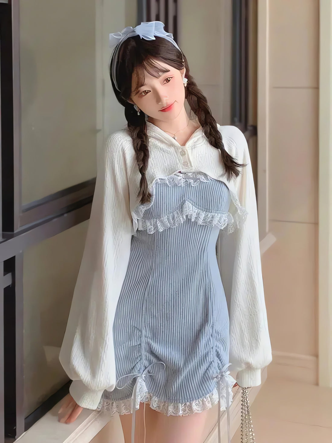 Kawaii Mini Dress & Crop Cardigan Two Piece Set - KAYSMAR