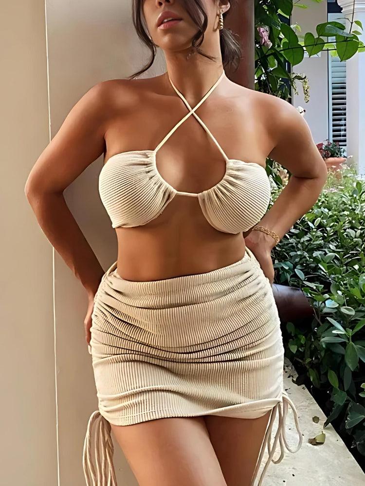 Knitted Drawstring Crop Top & Mini Skirt Two Piece Set - KAYSMAR