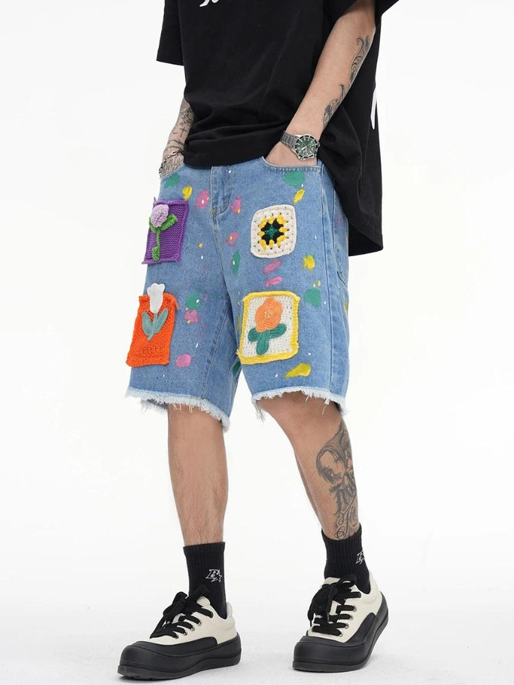 Knitted Flower Patch Denim Shorts - KAYSMAR