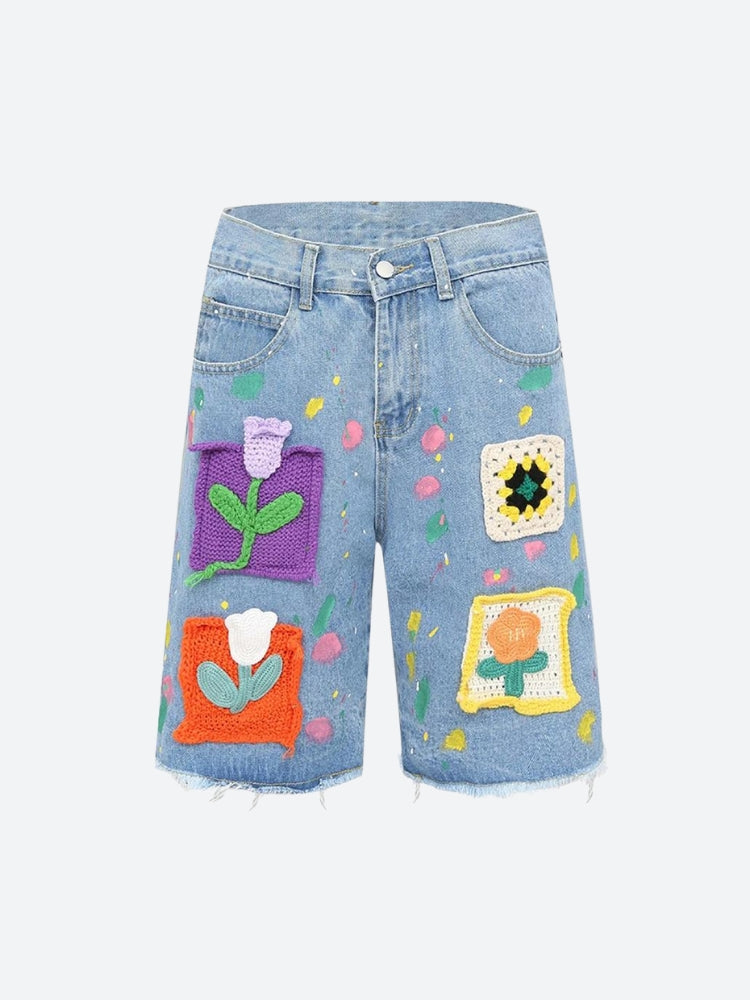 Knitted Flower Patch Denim Shorts - KAYSMAR