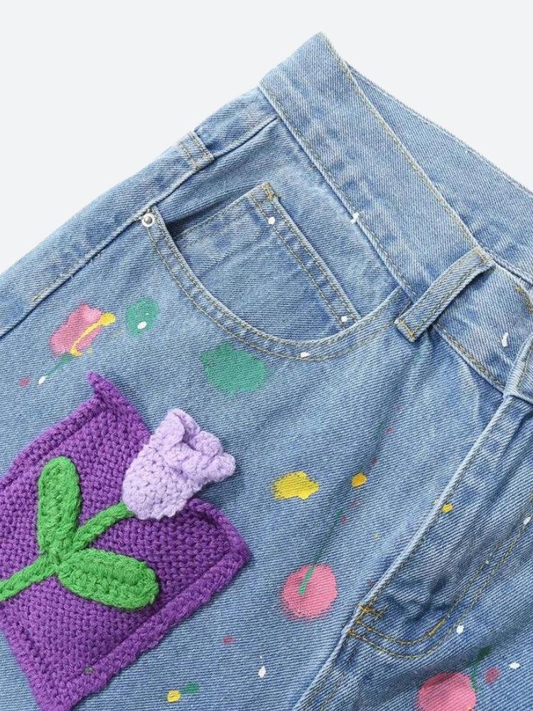 Knitted Flower Patch Denim Shorts - KAYSMAR