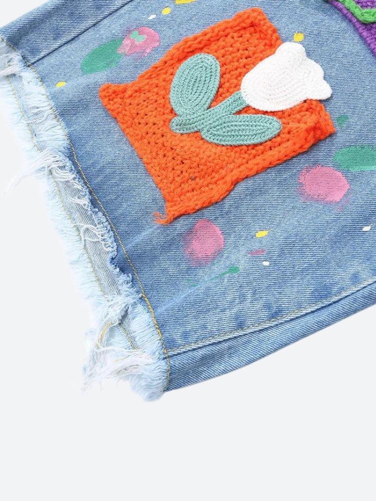 Knitted Flower Patch Denim Shorts - KAYSMAR