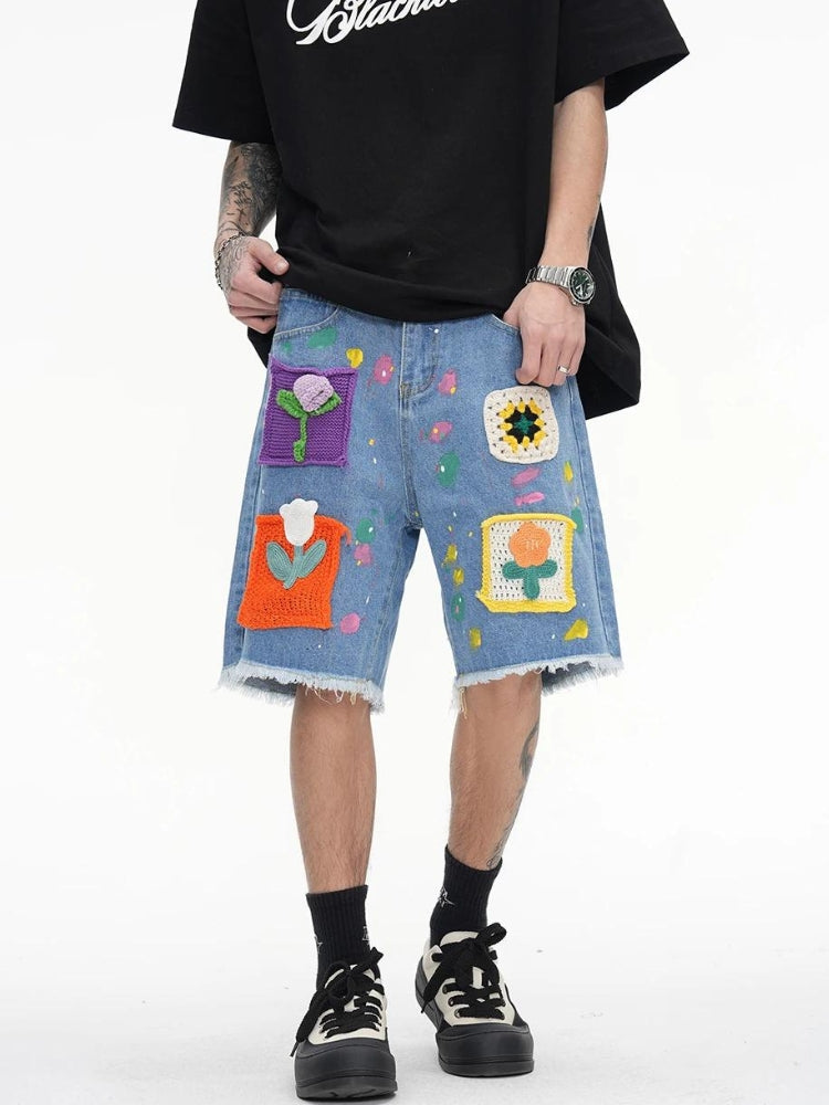 Knitted Flower Patch Denim Shorts - KAYSMAR