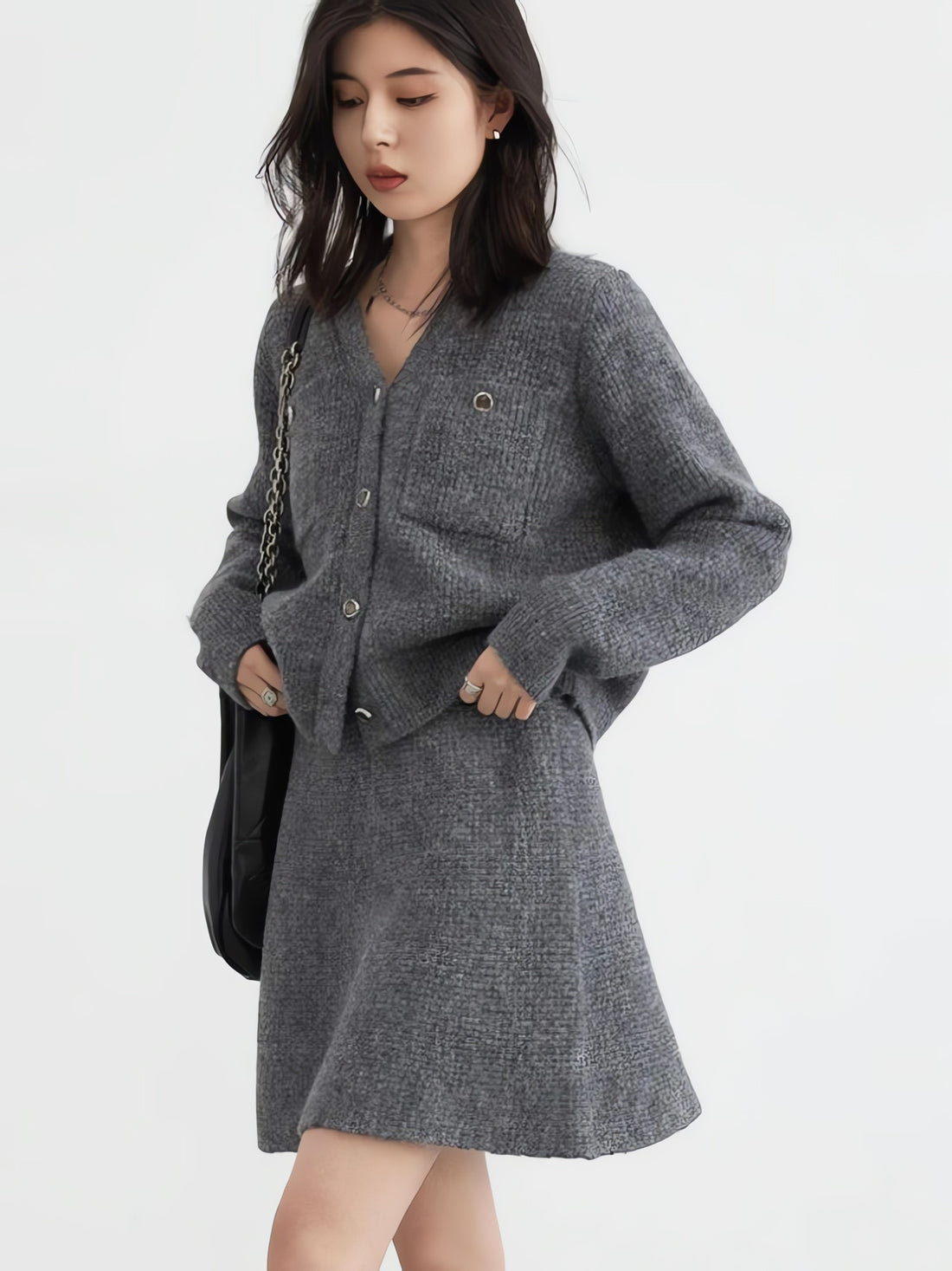 Knitted Button-Up Cardigan & Mini Skirt Two Piece Set - KAYSMAR