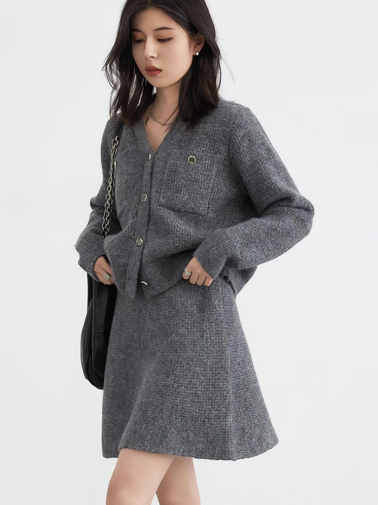Knitted Button-Up Cardigan & Mini Skirt Two Piece Set - KAYSMAR