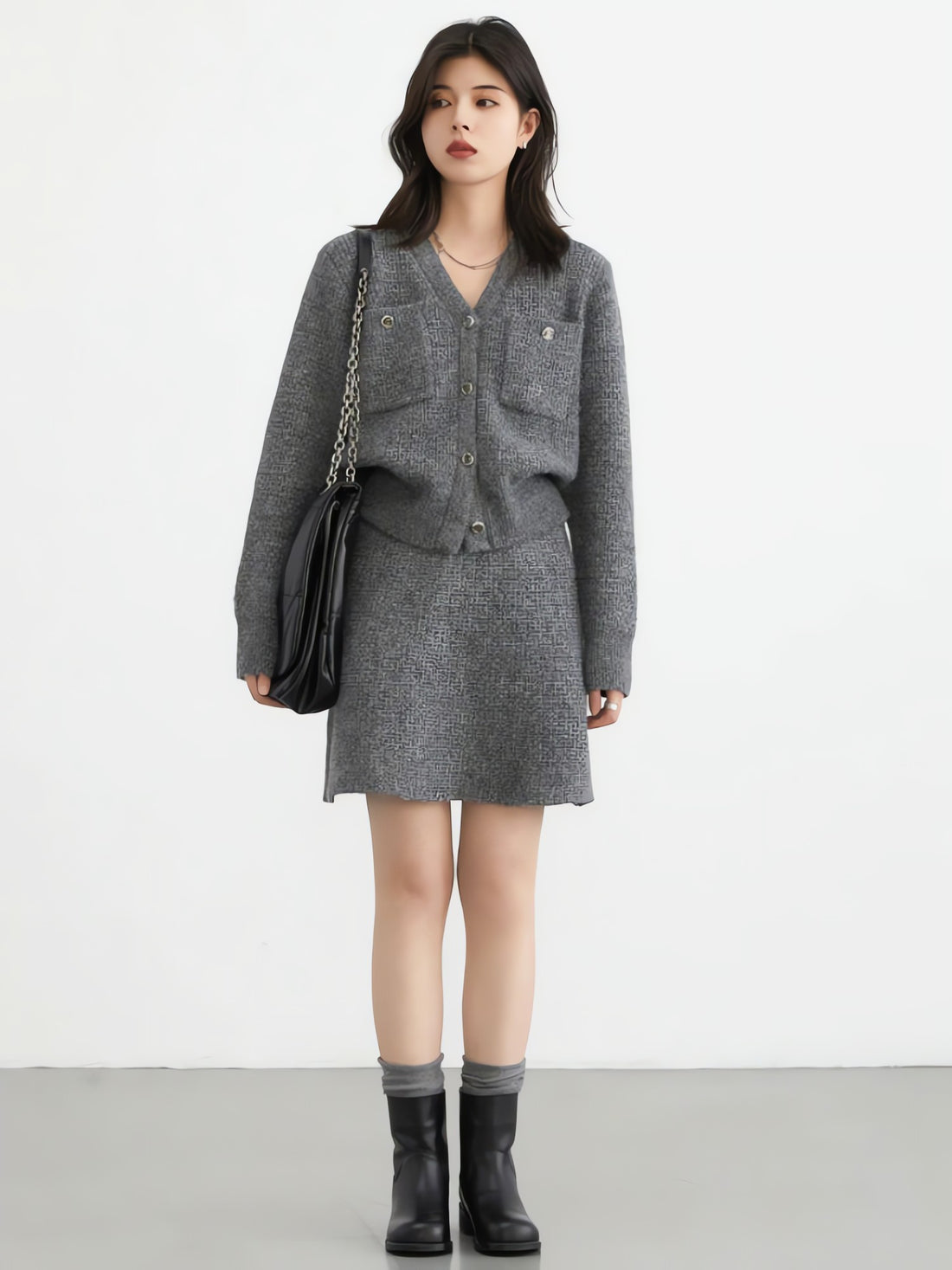 Knitted Button-Up Cardigan & Mini Skirt Two Piece Set - KAYSMAR