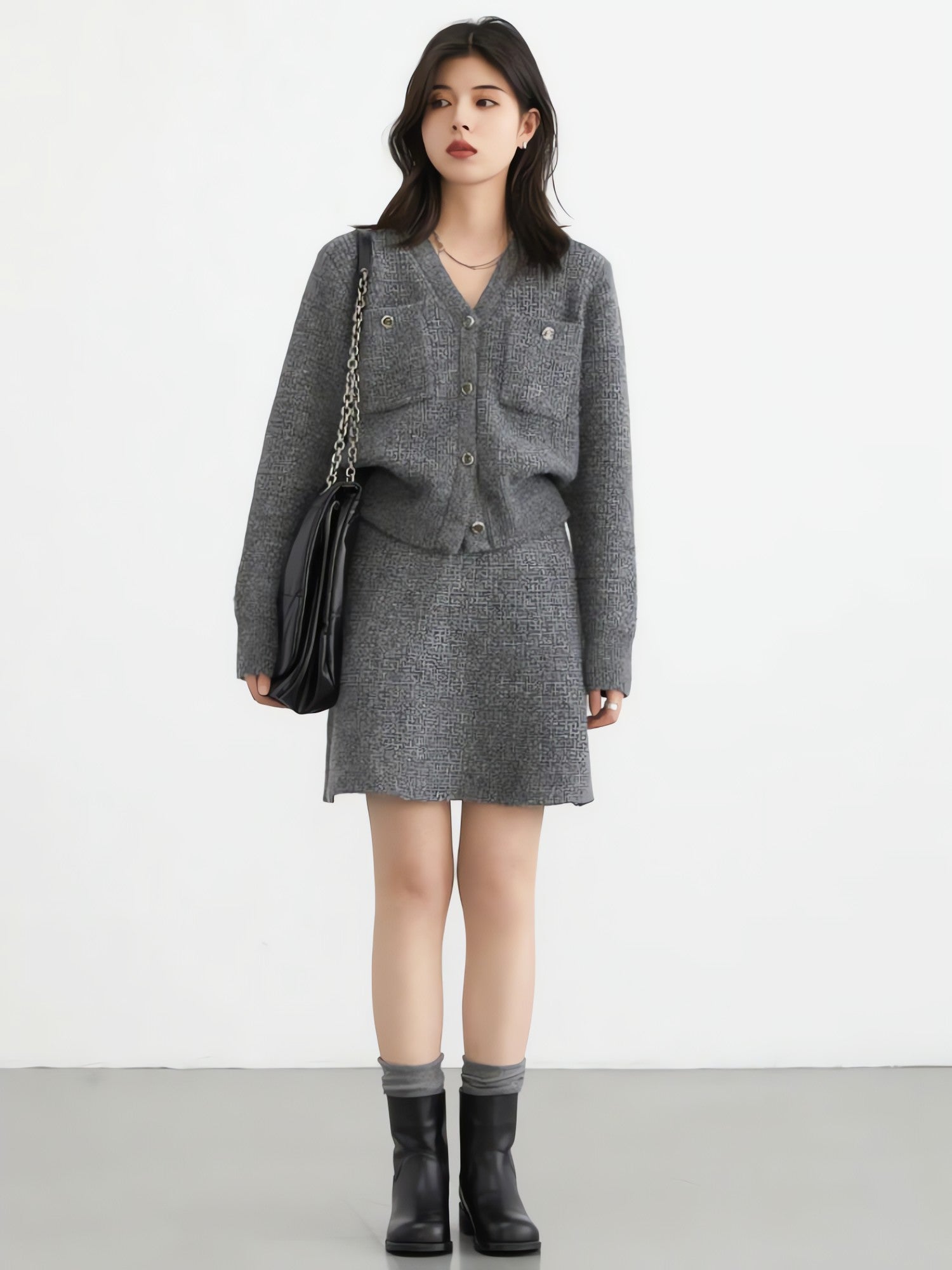 Knitted Button-Up Cardigan & Mini Skirt Two Piece Set - KAYSMAR