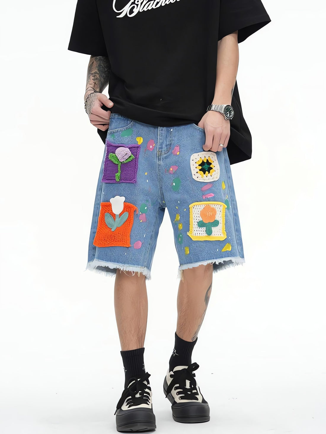 Knitted Flower Patch Denim Shorts - KAYSMAR
