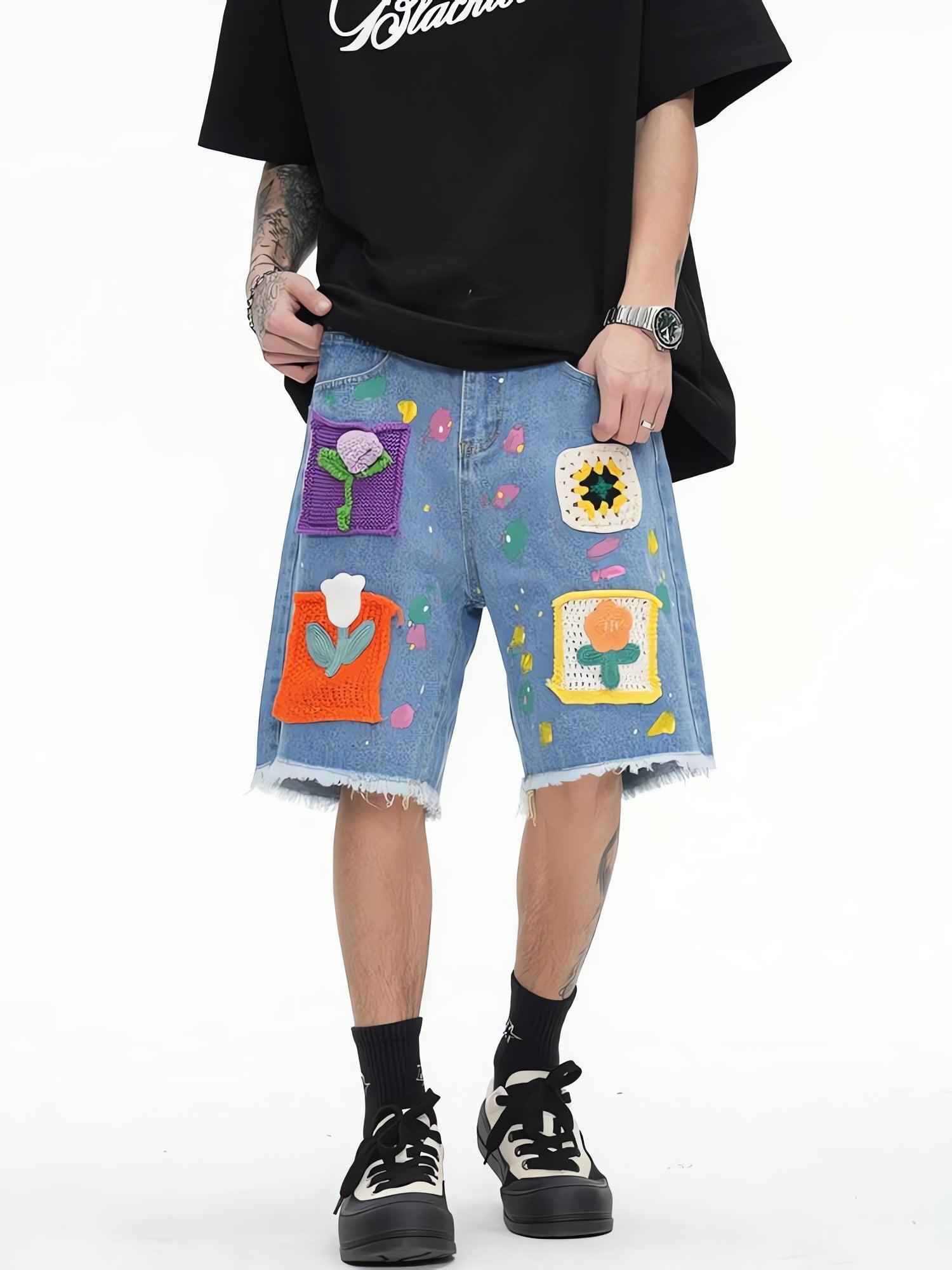 Knitted Flower Patch Denim Shorts - KAYSMAR