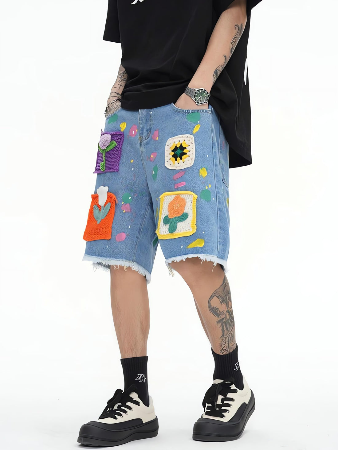 Knitted Flower Patch Denim Shorts - KAYSMAR