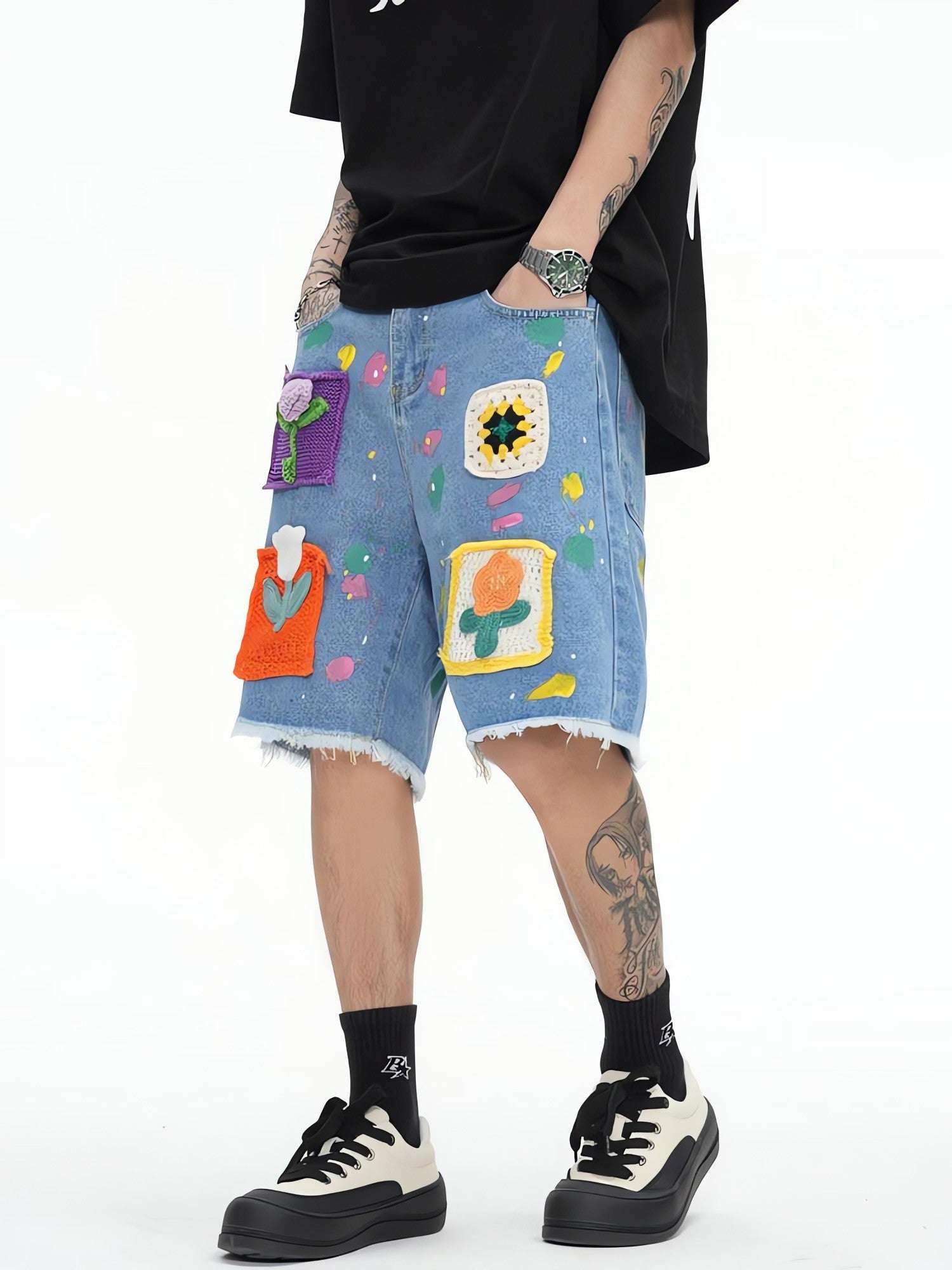 Knitted Flower Patch Denim Shorts - KAYSMAR