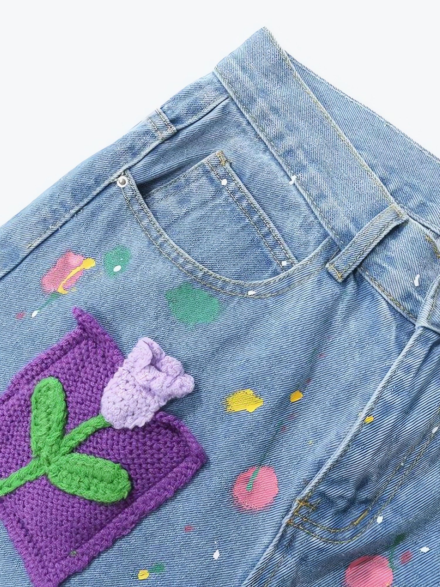 Knitted Flower Patch Denim Shorts - KAYSMAR