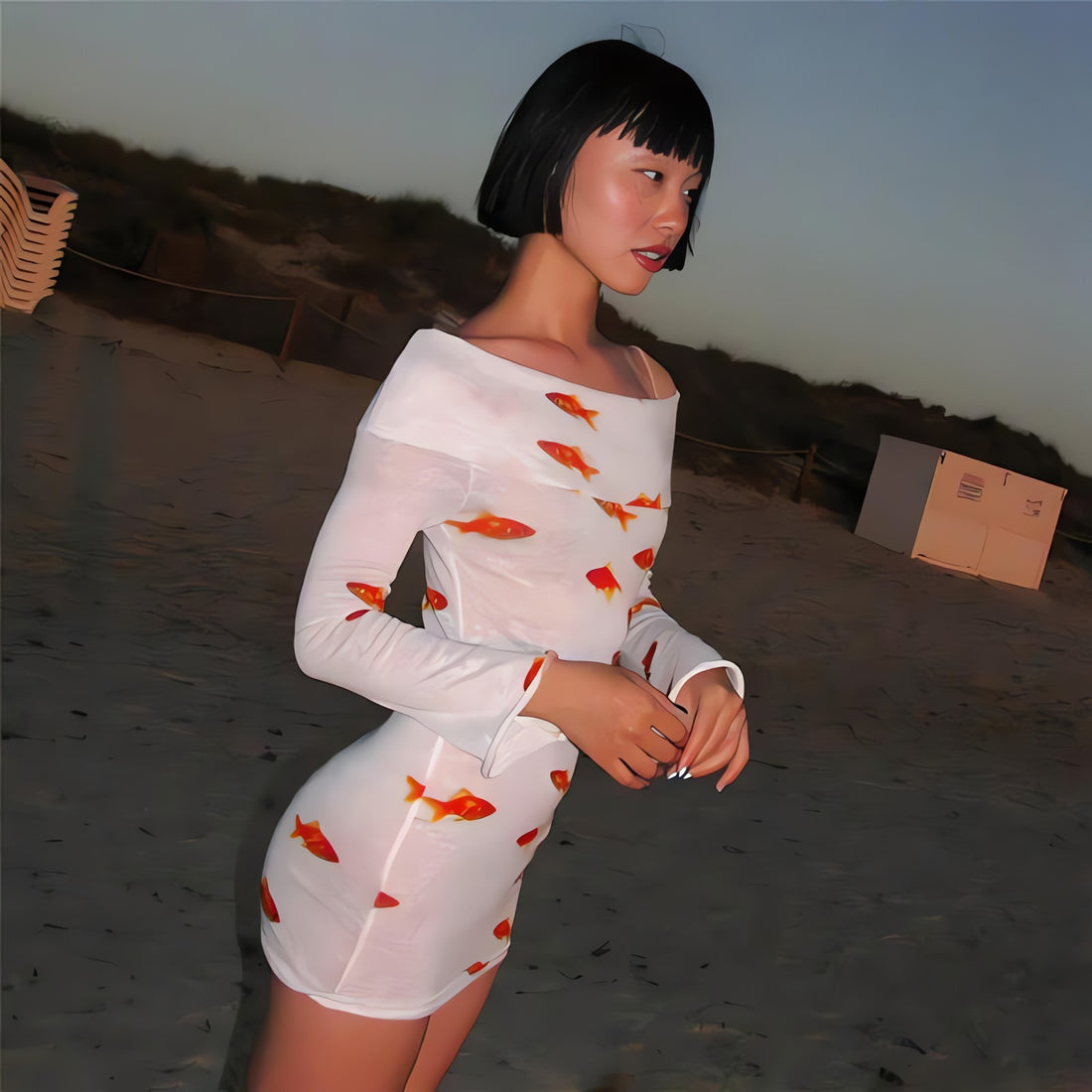 Koi Fish Printed Mesh Mini Dress - KAYSMAR