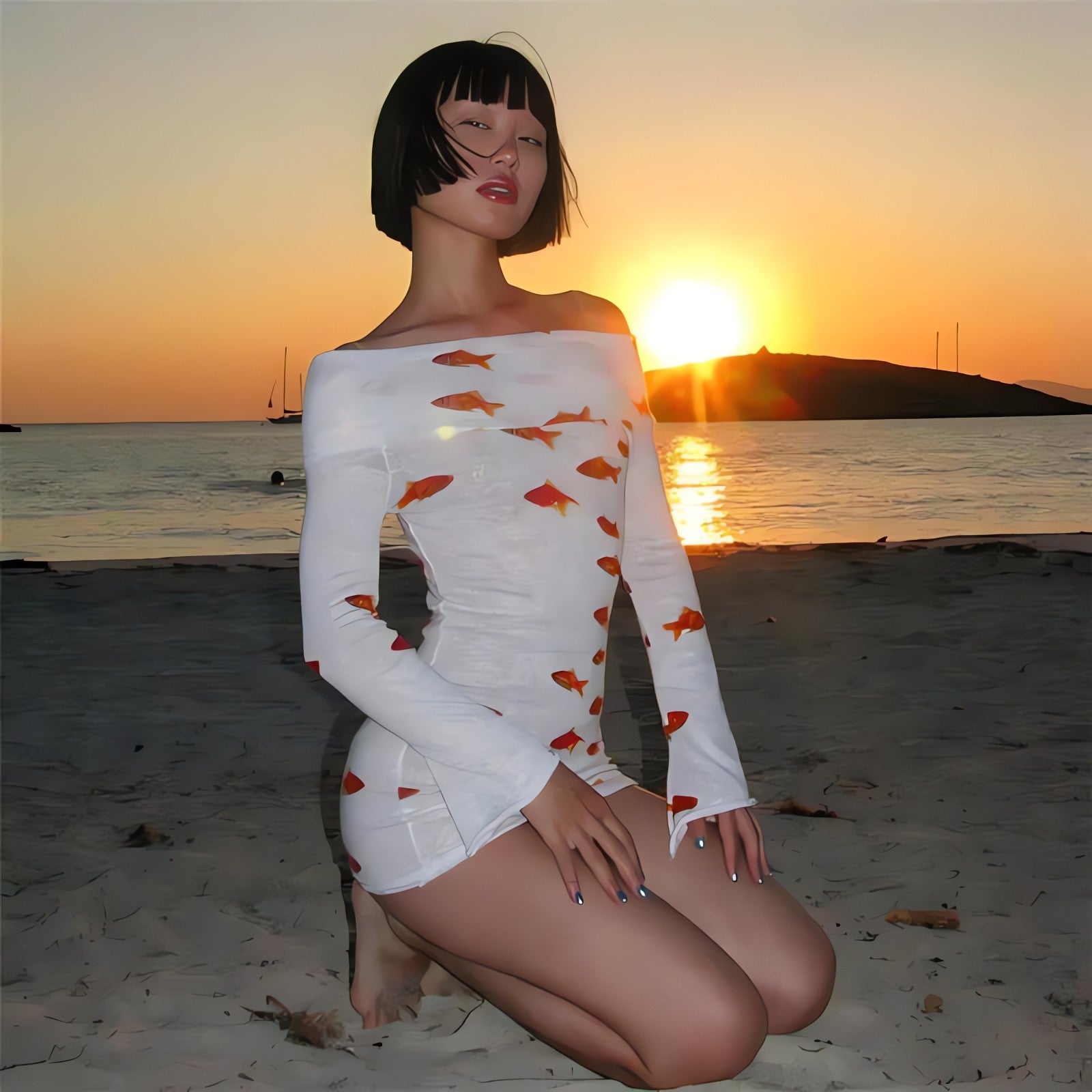 Koi Fish Printed Mesh Mini Dress - KAYSMAR